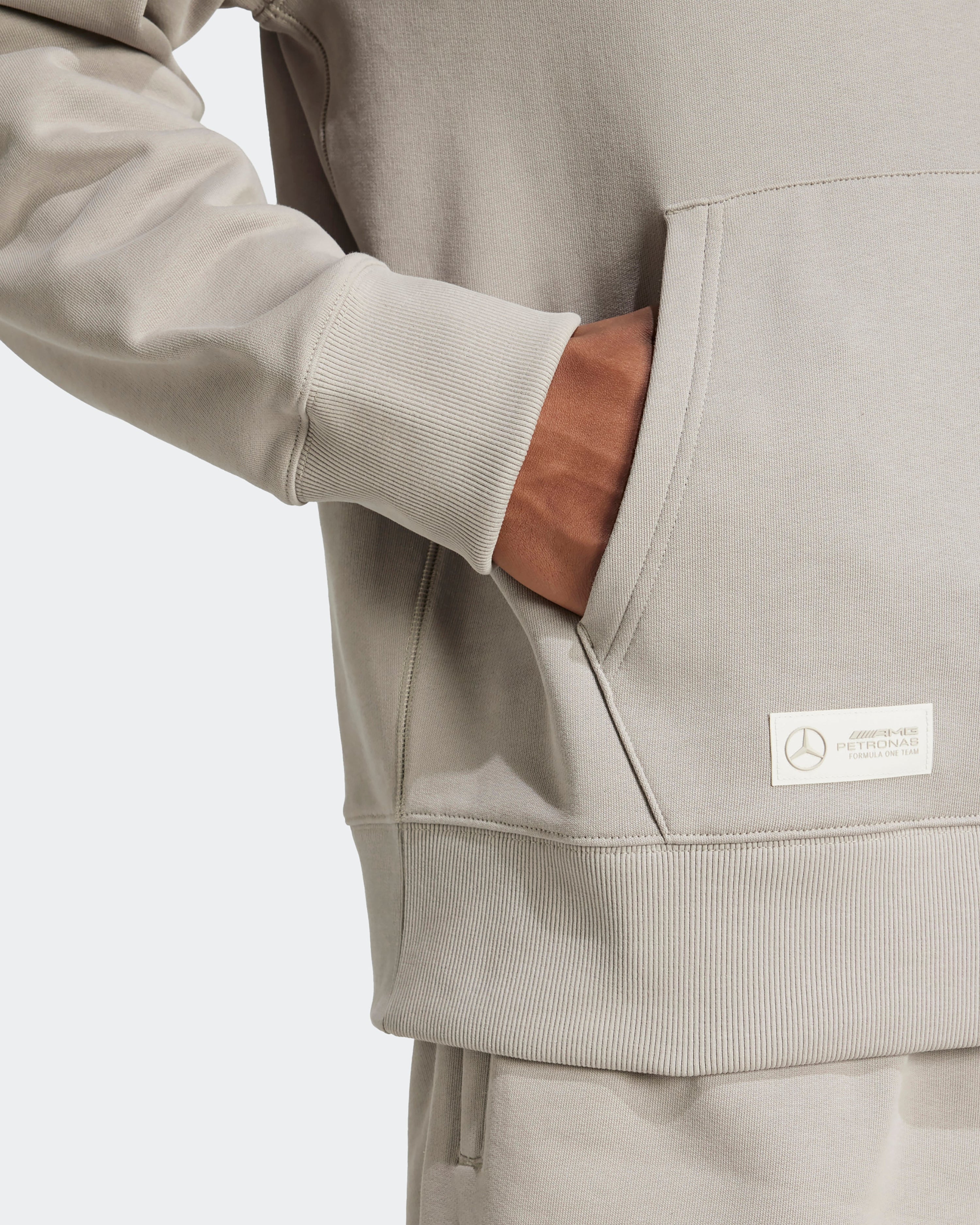 Mens Premium Sweat Hoody Beige — additional product detail showing Mercedes-AMG PETRONAS F1 styling and product details | Dash Racegear