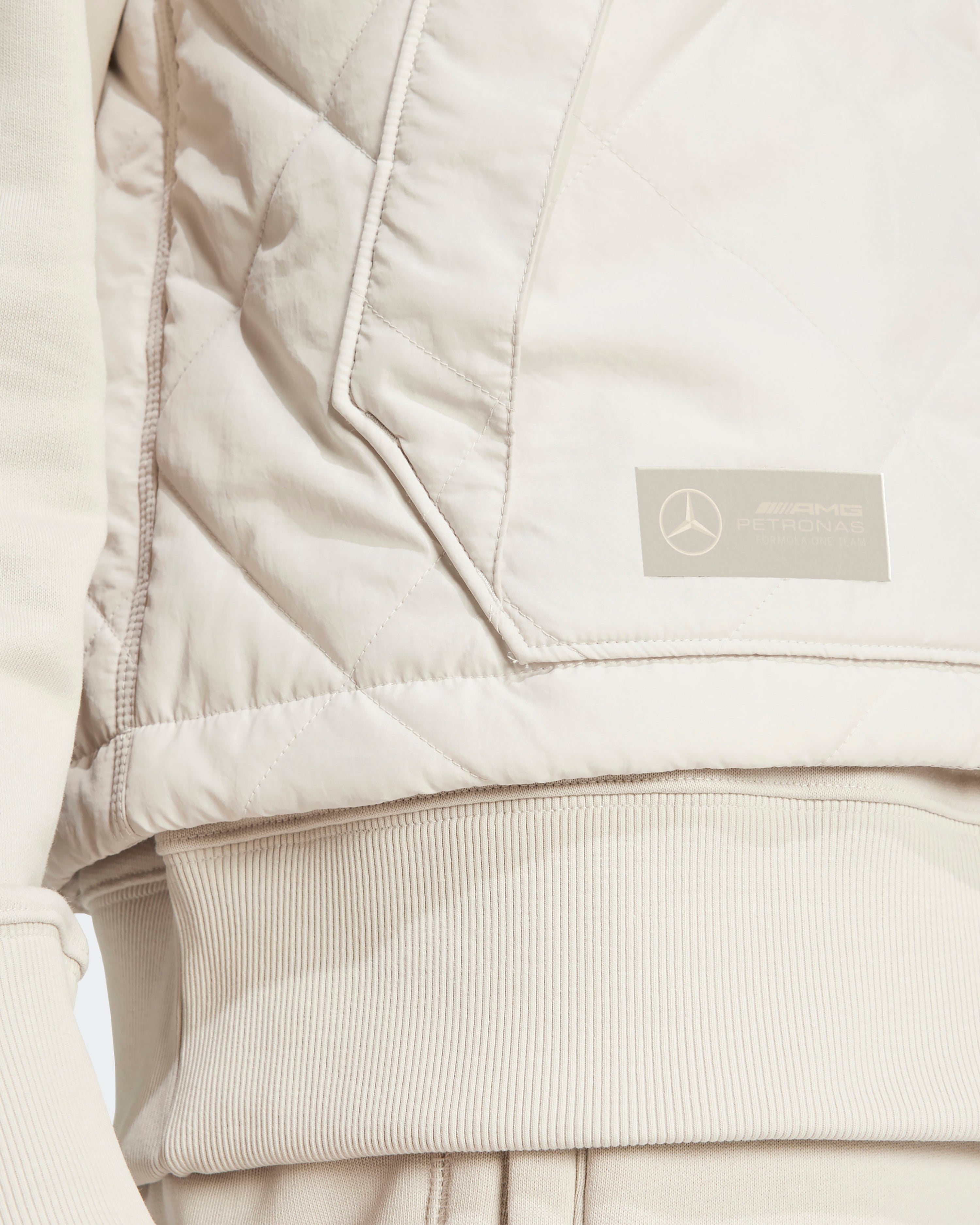 Mens Premium Sweat Vest Beige — additional product detail showing Mercedes-AMG PETRONAS F1 styling and product details | Dash Racegear