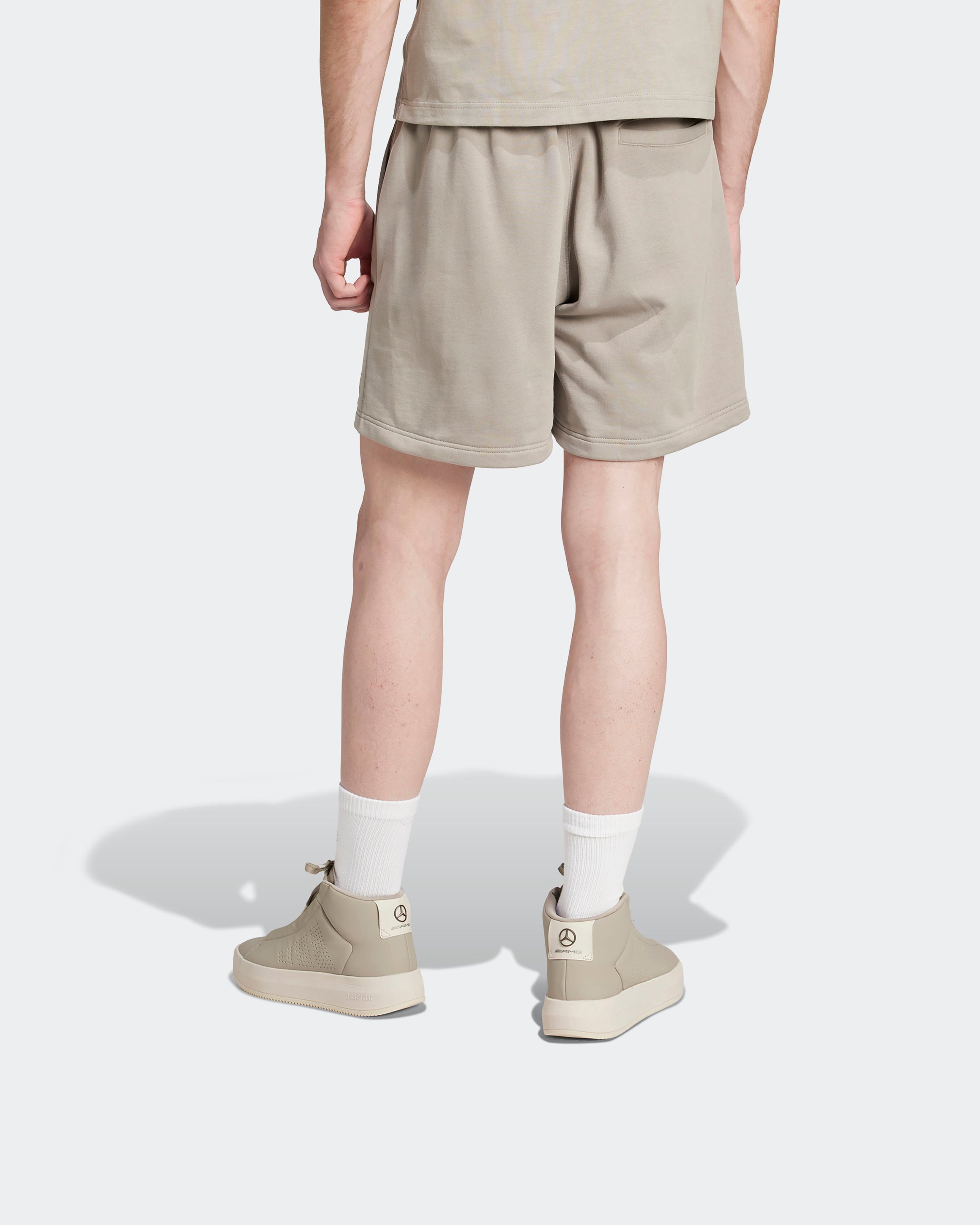 Mens Premium Sweat Shorts Beige — close-up design detail showing Mercedes-AMG PETRONAS F1 styling and product details | Dash Racegear