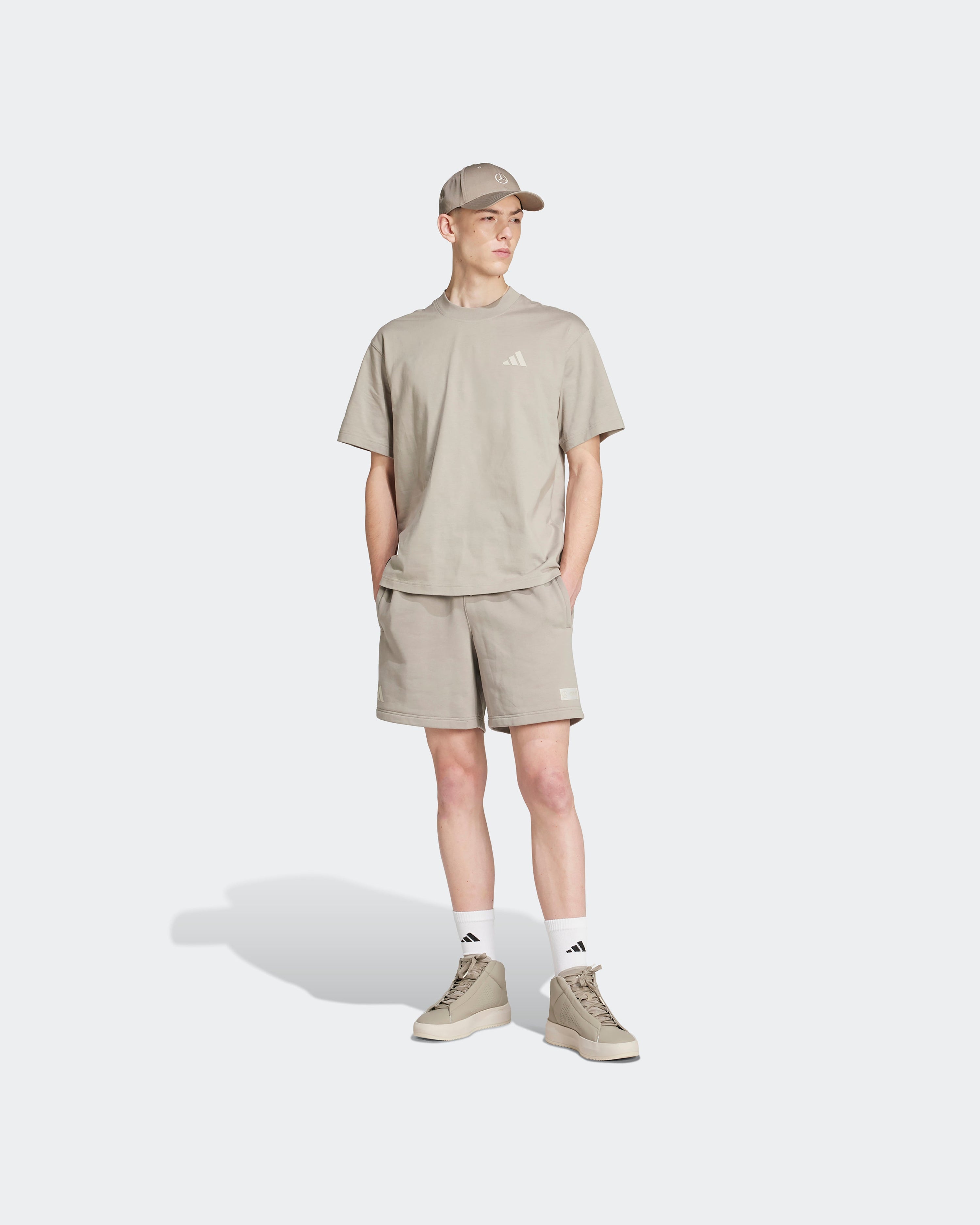 Mens Premium Sweat Shorts Beige — additional product detail showing Mercedes-AMG PETRONAS F1 styling and product details | Dash Racegear