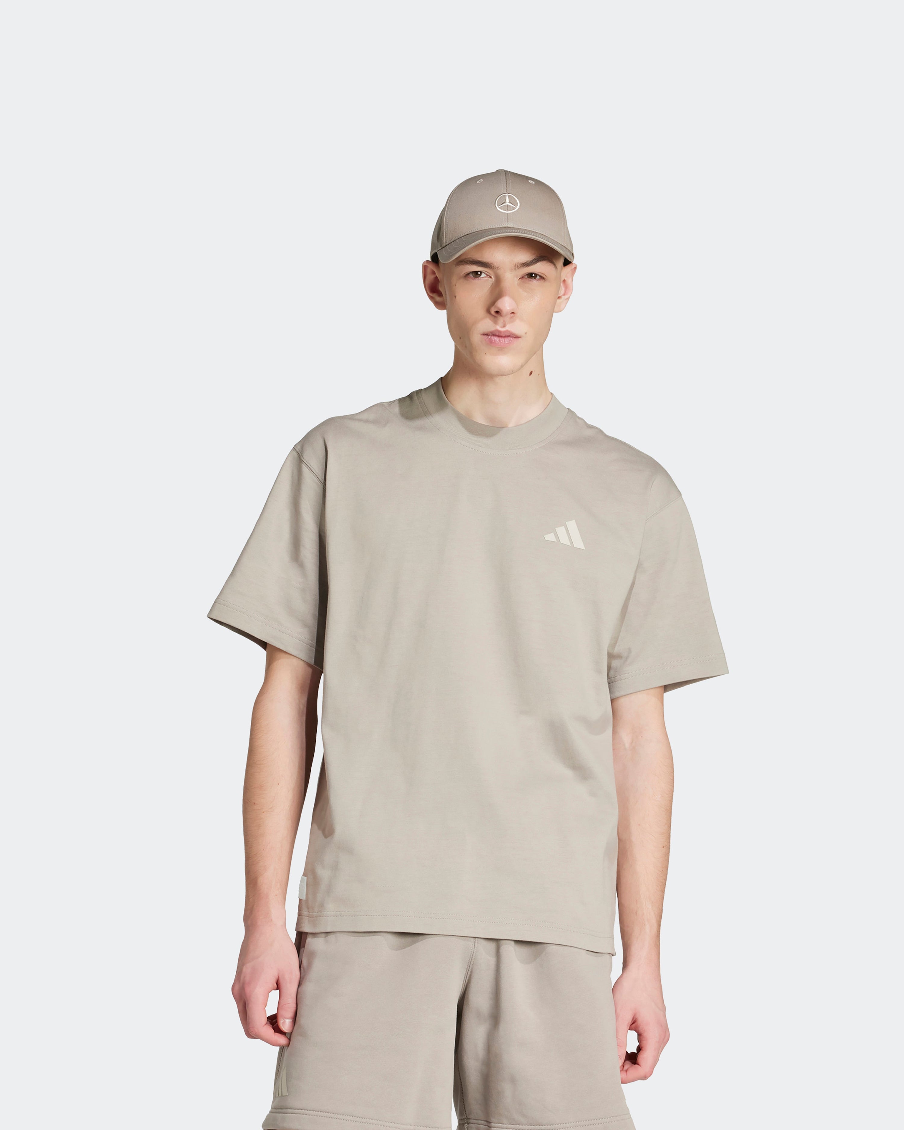 Mens Premium Sweat T-Shirt Beige — close-up design detail showing Mercedes-AMG PETRONAS F1 styling and product details | Dash Racegear