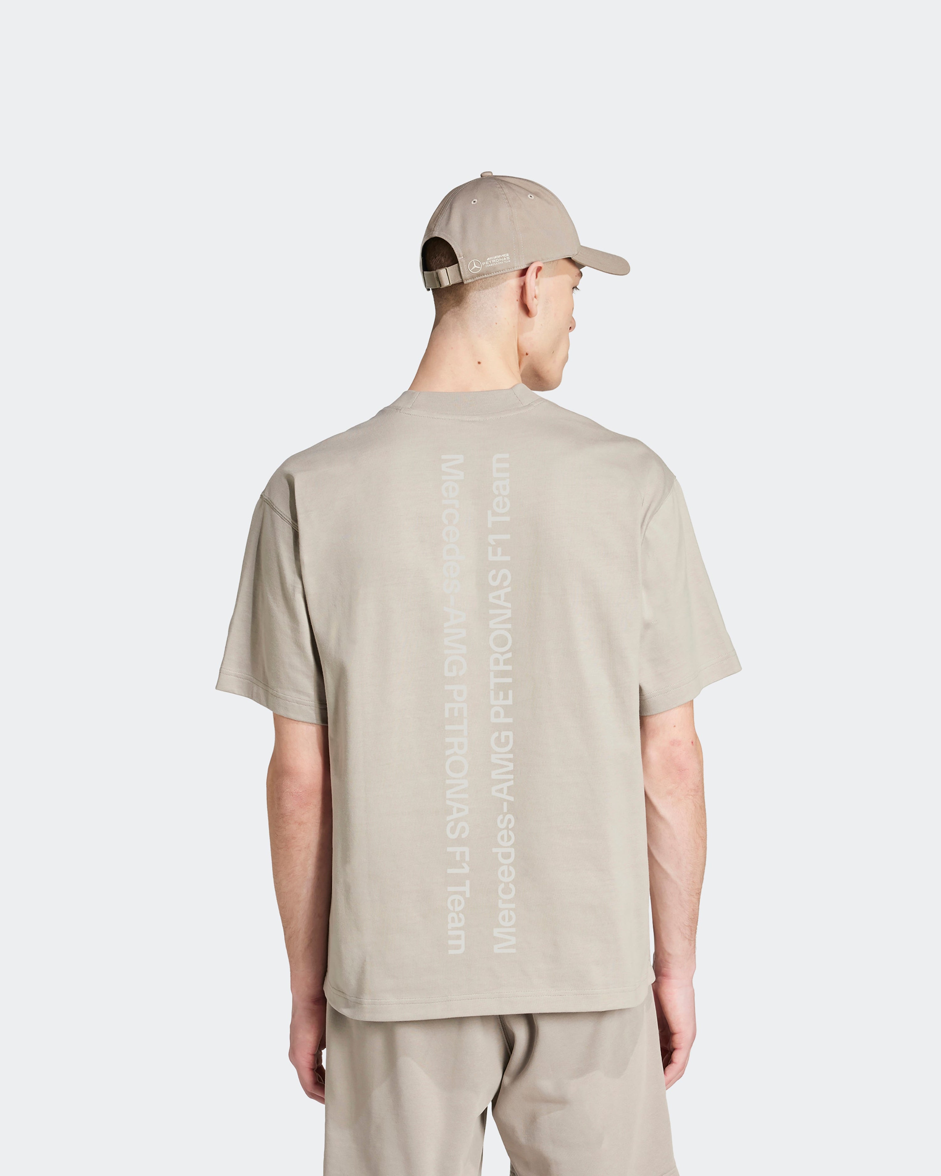 Mens Premium Sweat T-Shirt Beige — alternate product angle showing Mercedes-AMG PETRONAS F1 styling and product details | Dash Racegear