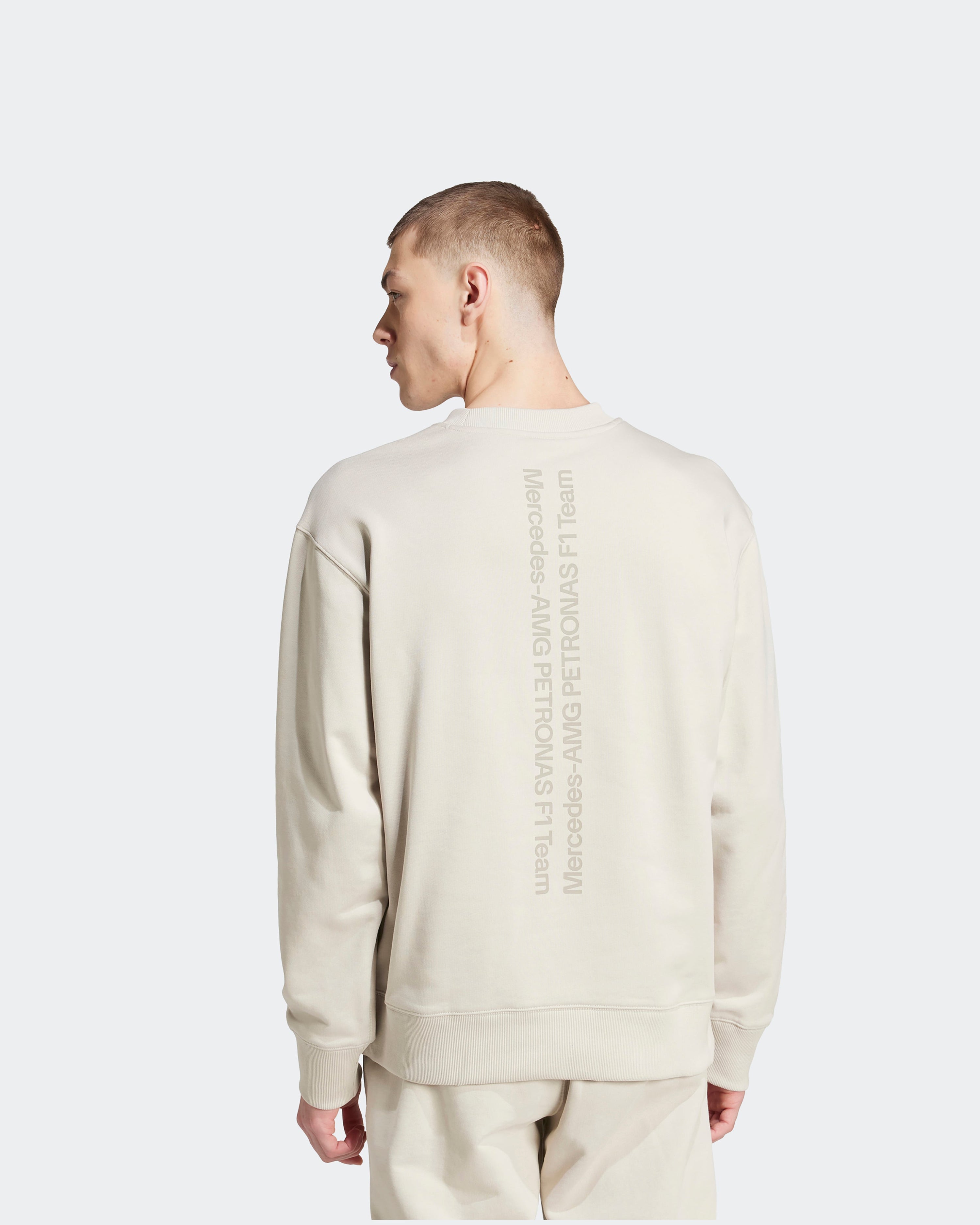 Mens Premium Sweat-Top Beige — alternate product angle showing Mercedes-AMG PETRONAS F1 styling and product details | Dash Racegear