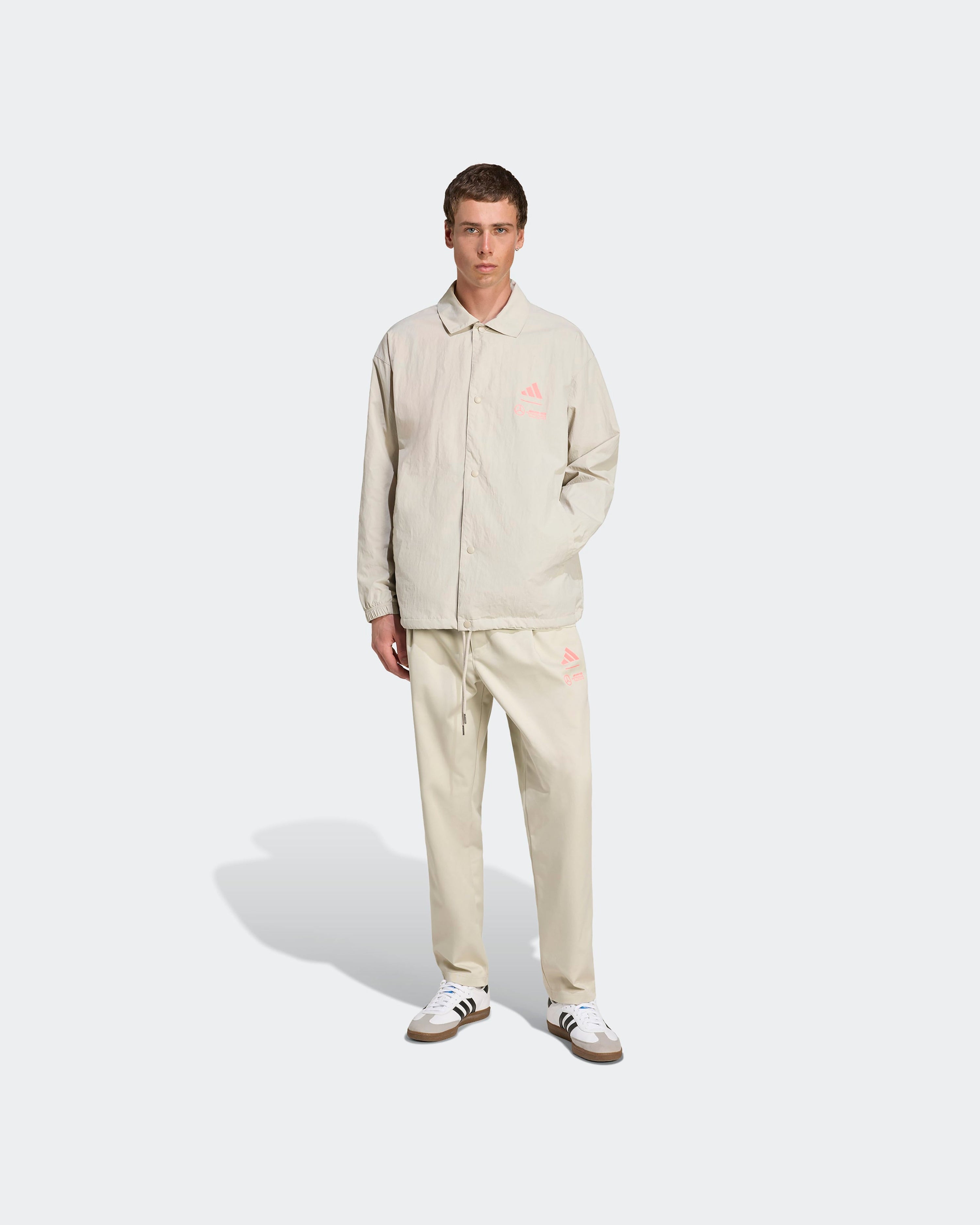Mens Miami Coach Jacket Beige — additional product detail showing Mercedes-AMG PETRONAS F1 styling and product details | Dash Racegear
