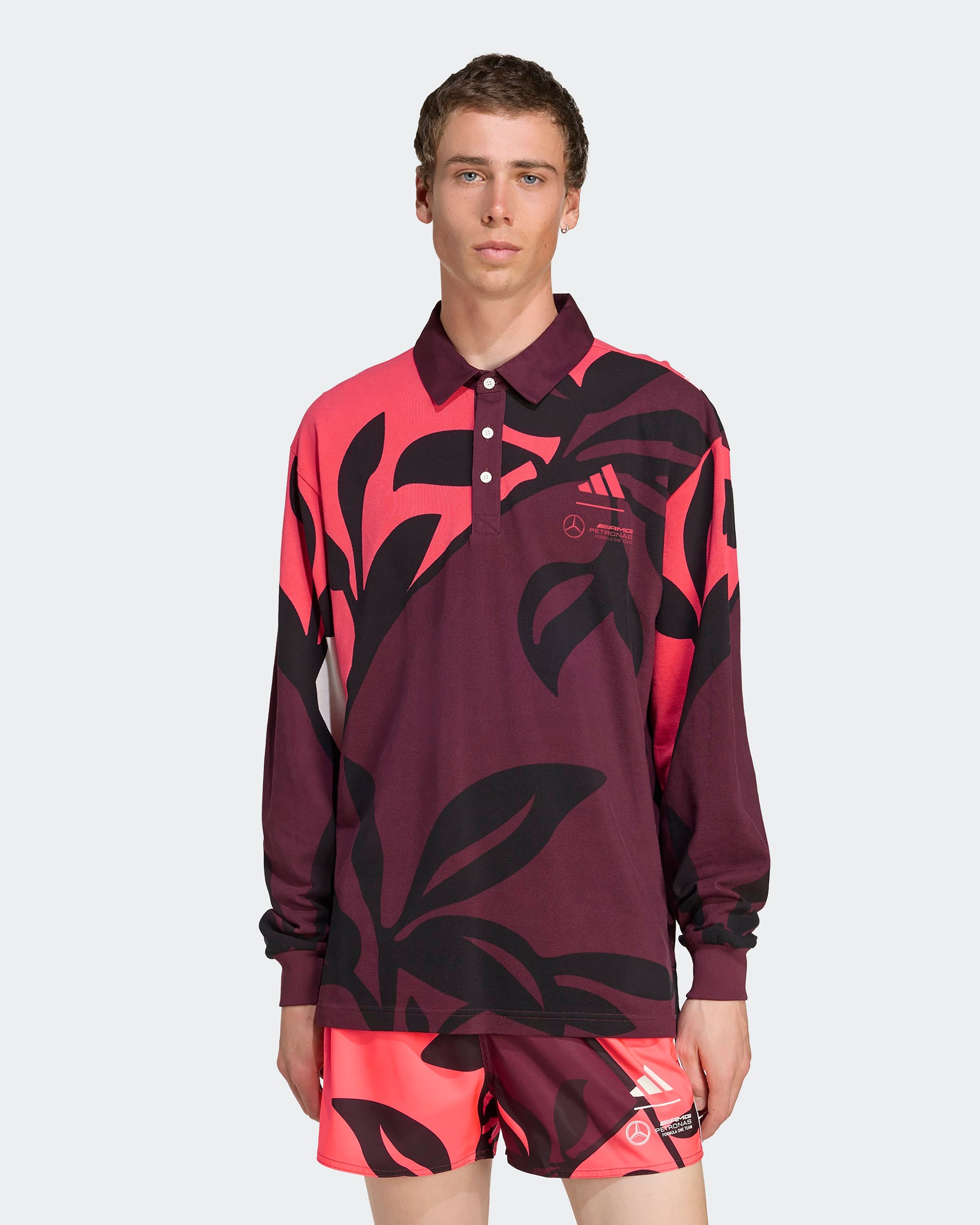 Mens Miami Long Sleeve Polo Floral — alternate product angle showing Mercedes-AMG PETRONAS F1 styling and product details | Dash Racegear