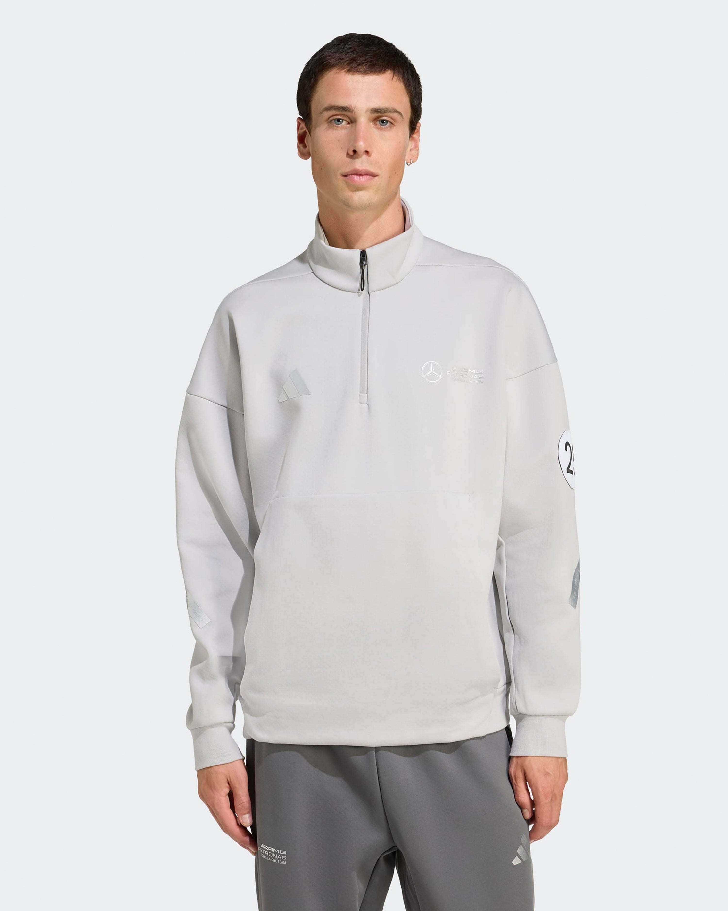 Mens Silver Arrows Quarter Zip Grey — close-up design detail showing Mercedes-AMG PETRONAS F1 styling and product details | Dash Racegear