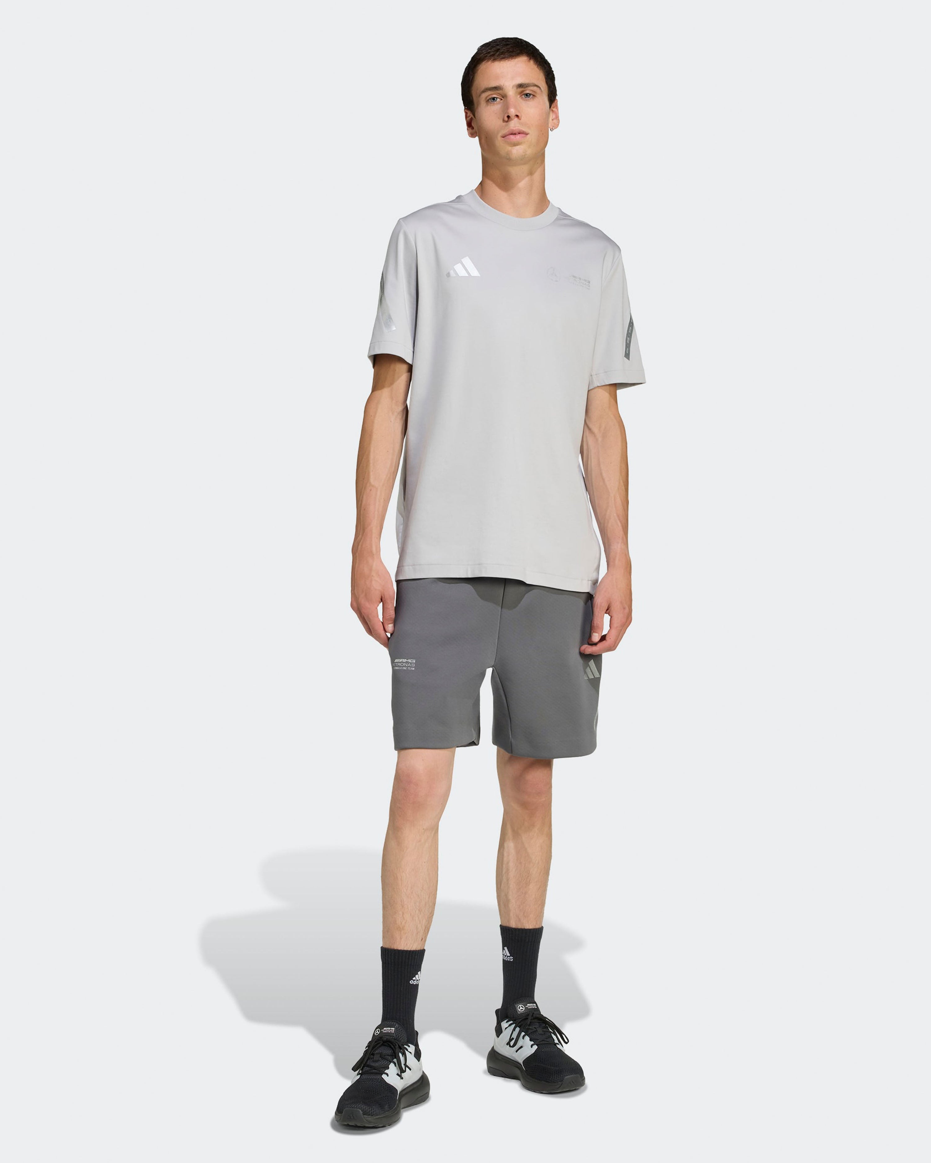 Mens Silver Arrows T-shirt Grey — close-up design detail showing Mercedes-AMG PETRONAS F1 styling and product details | Dash Racegear