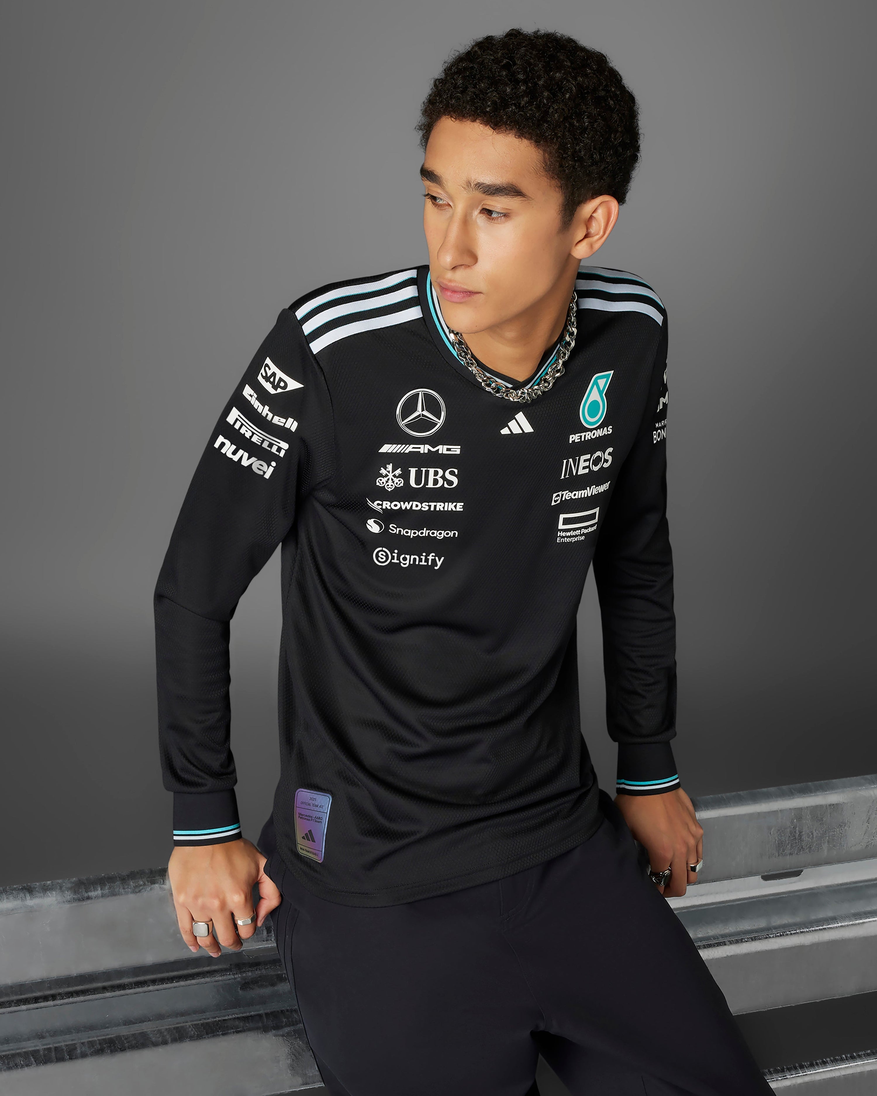 Mens 2025 Authentic Long Sleeve Driver Tee Black — alternate product angle showing Mercedes-AMG PETRONAS F1 styling and product details | Dash Racegear