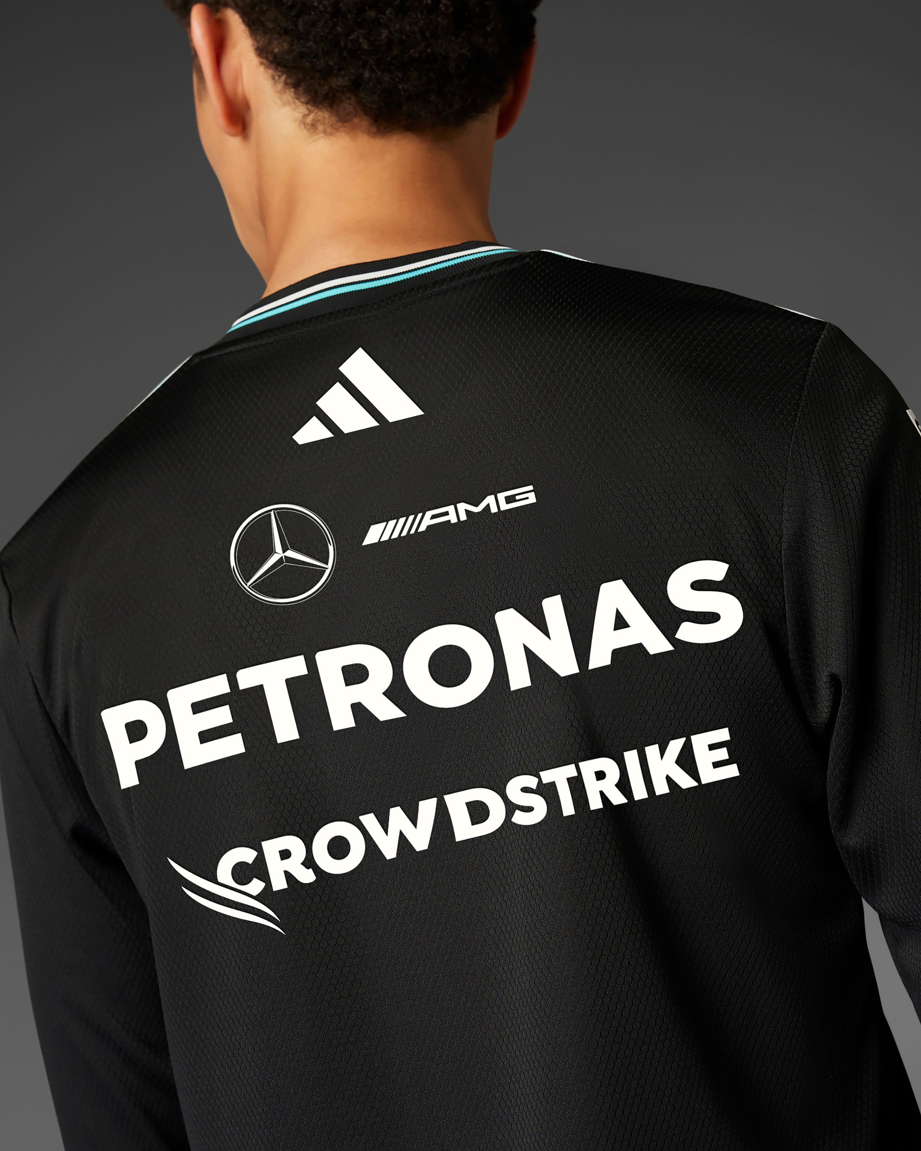 Mens 2025 Authentic Long Sleeve Driver Tee Black — additional product detail showing Mercedes-AMG PETRONAS F1 styling and product details | Dash Racegear
