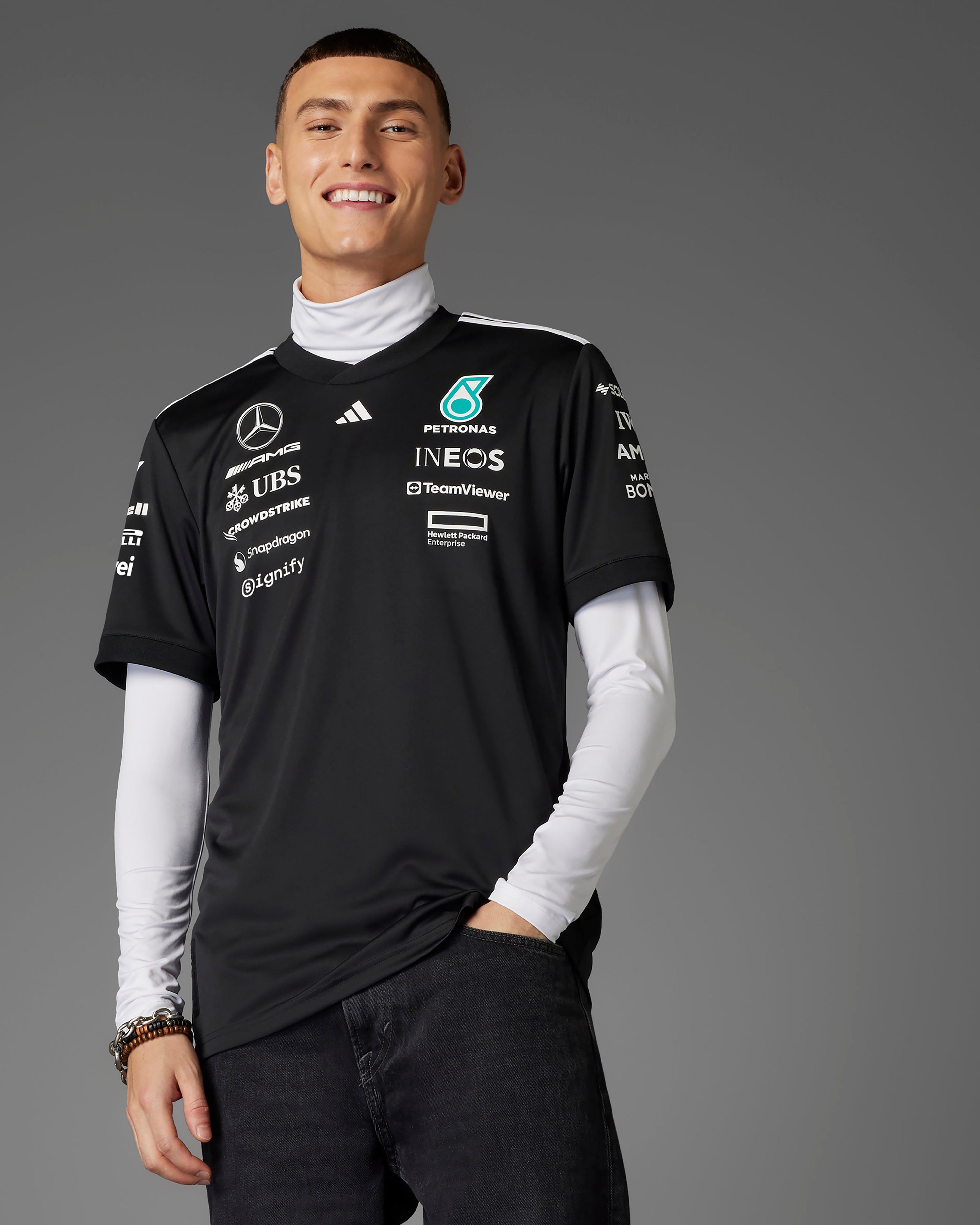 Mens 2025 Team Driver Tee Black — primary product view showing Mercedes-AMG PETRONAS F1 styling and product details | Dash Racegear