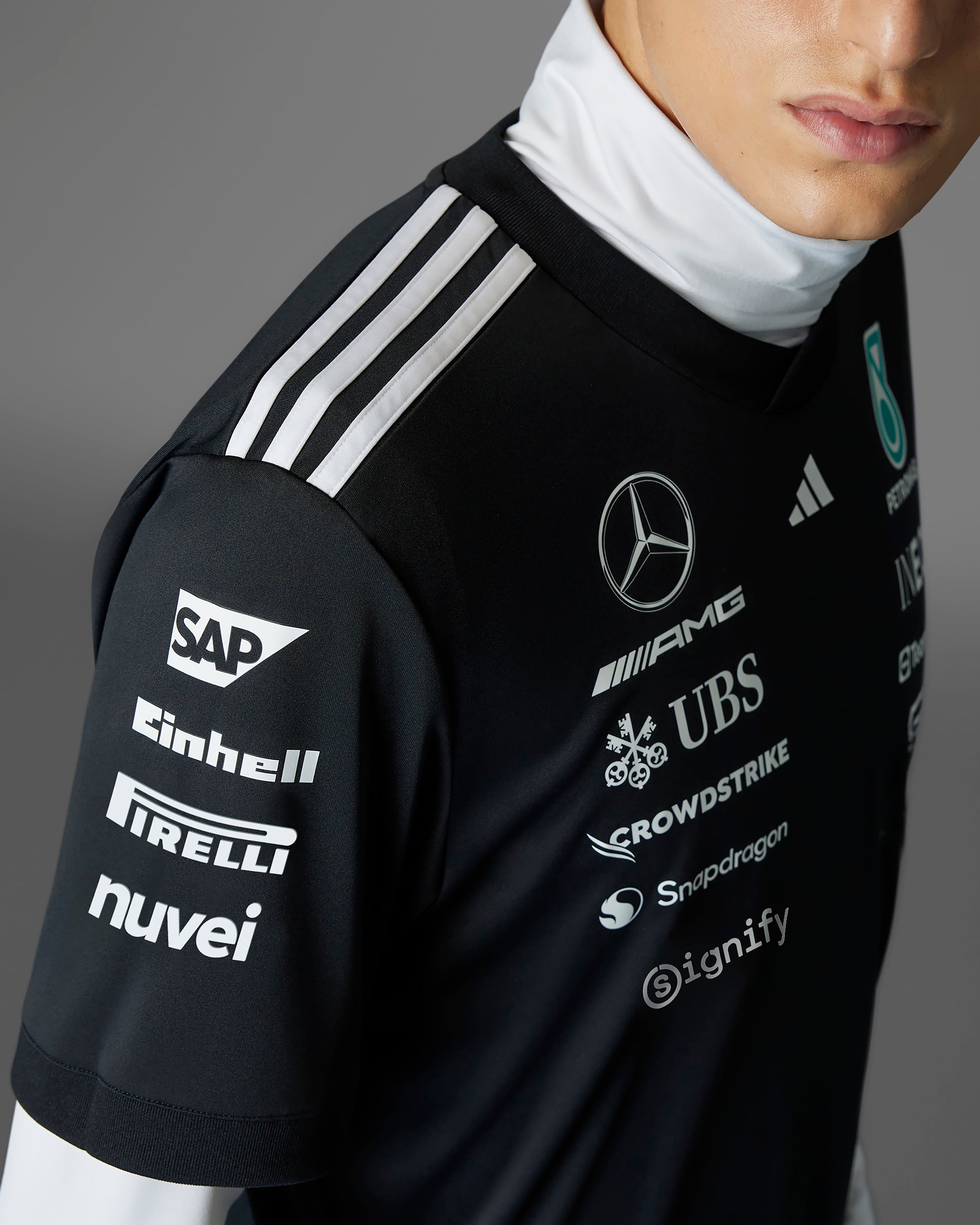 Mens 2025 Team Driver Tee Black — alternate product angle showing Mercedes-AMG PETRONAS F1 styling and product details | Dash Racegear