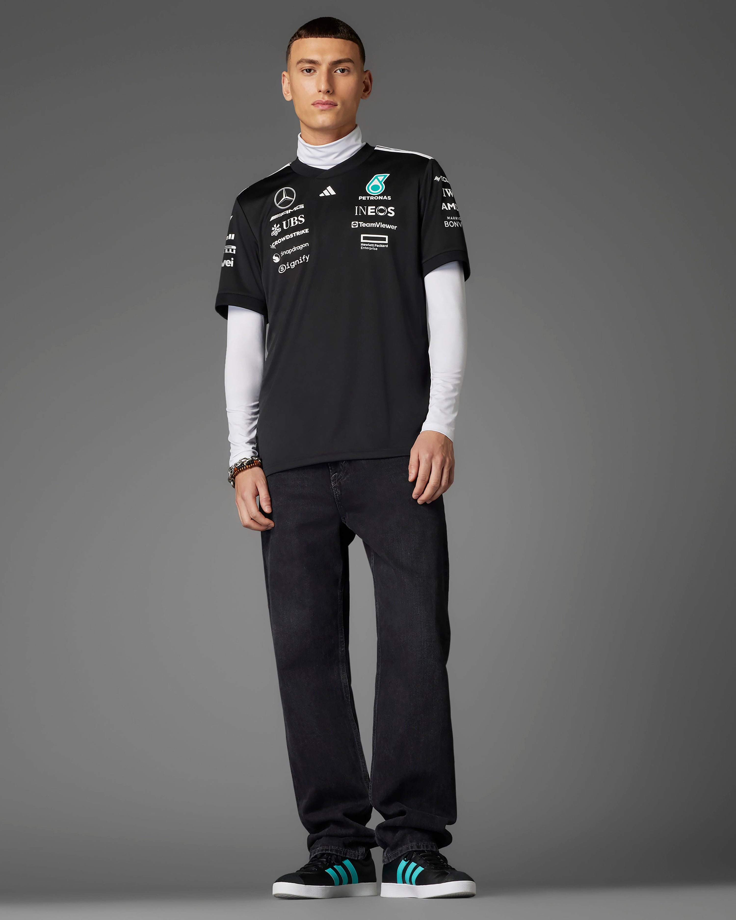 Mens 2025 Team Driver Tee Black — additional product detail showing Mercedes-AMG PETRONAS F1 styling and product details | Dash Racegear