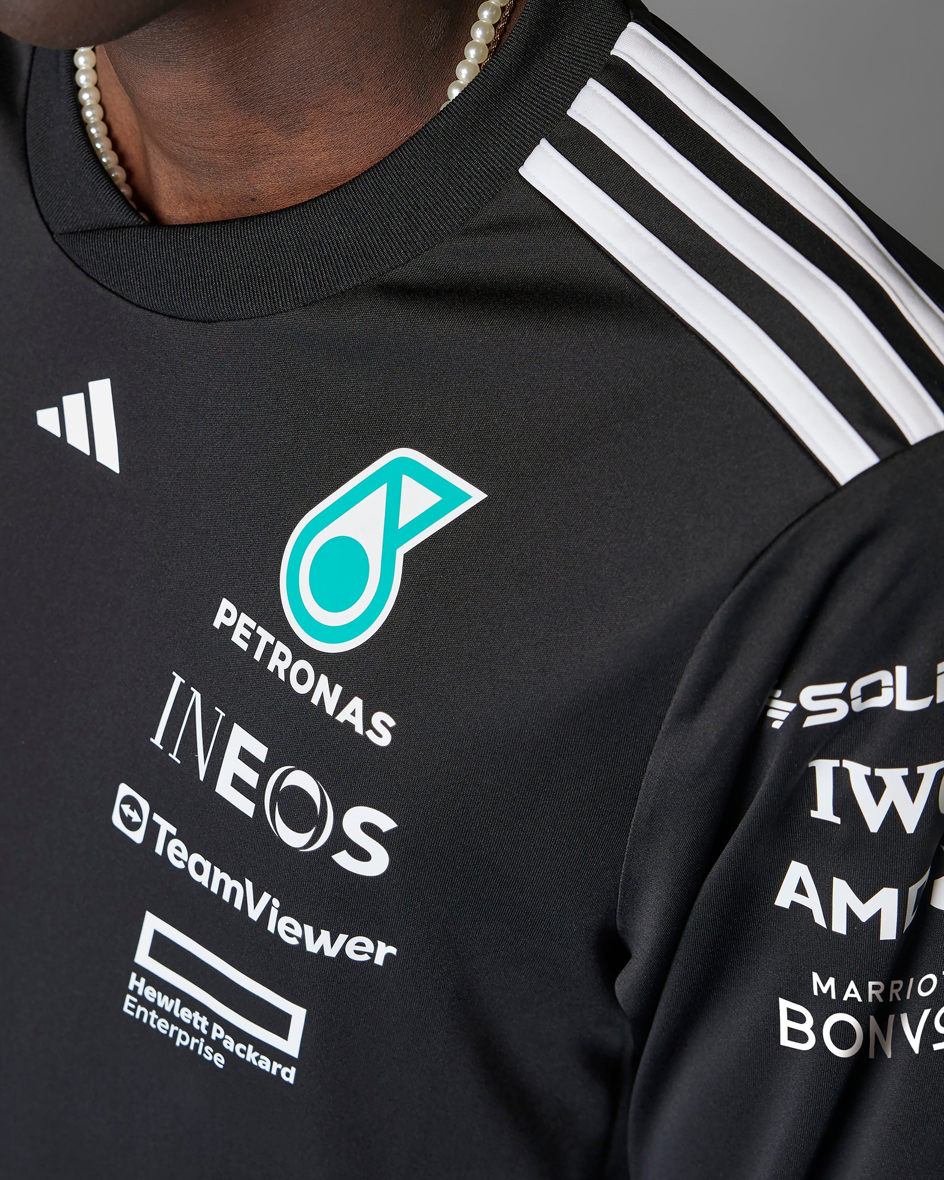 Mens 2025 Team Long Sleeve Driver Tee Black — alternate product angle showing Mercedes-AMG PETRONAS F1 styling and product details | Dash Racegear