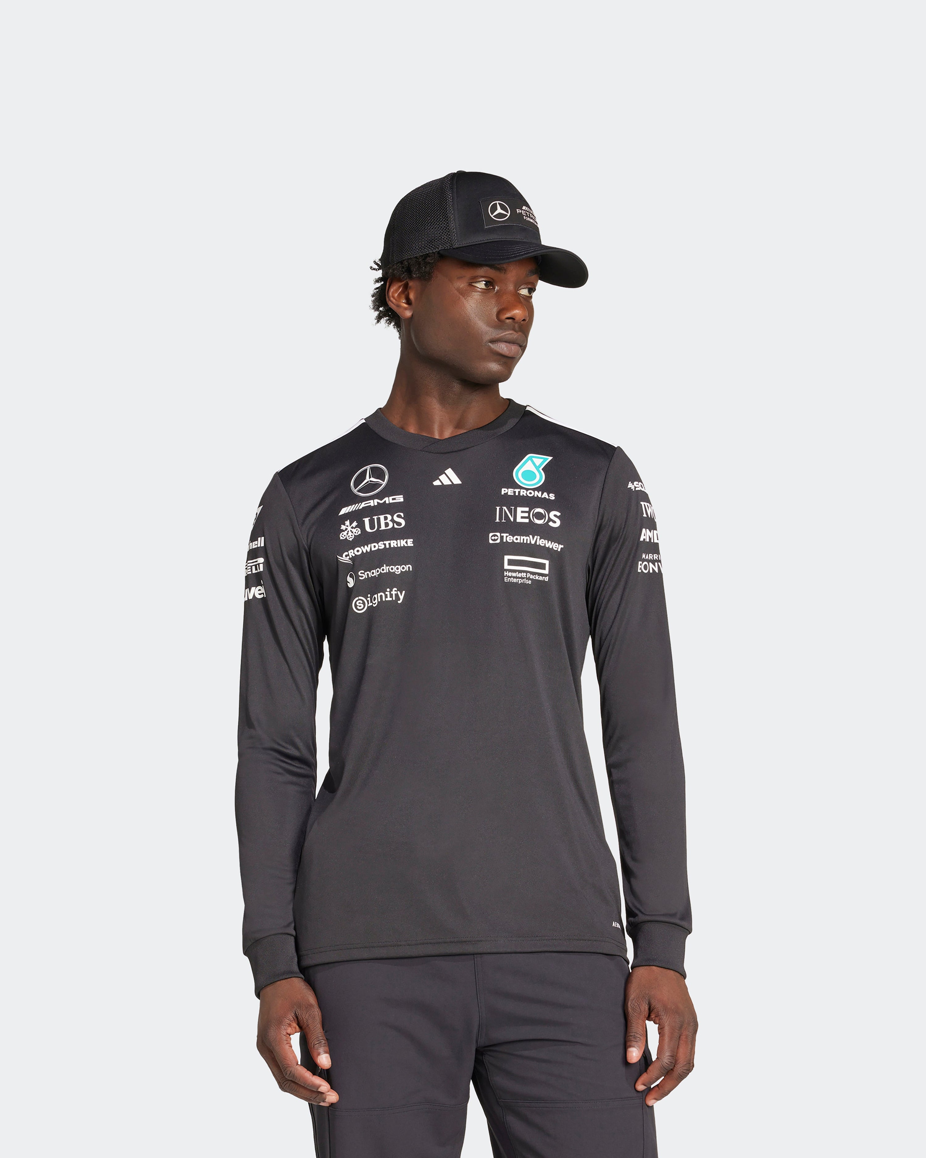 Mens 2025 Team Long Sleeve Driver Tee Black — additional product detail showing Mercedes-AMG PETRONAS F1 styling and product details | Dash Racegear