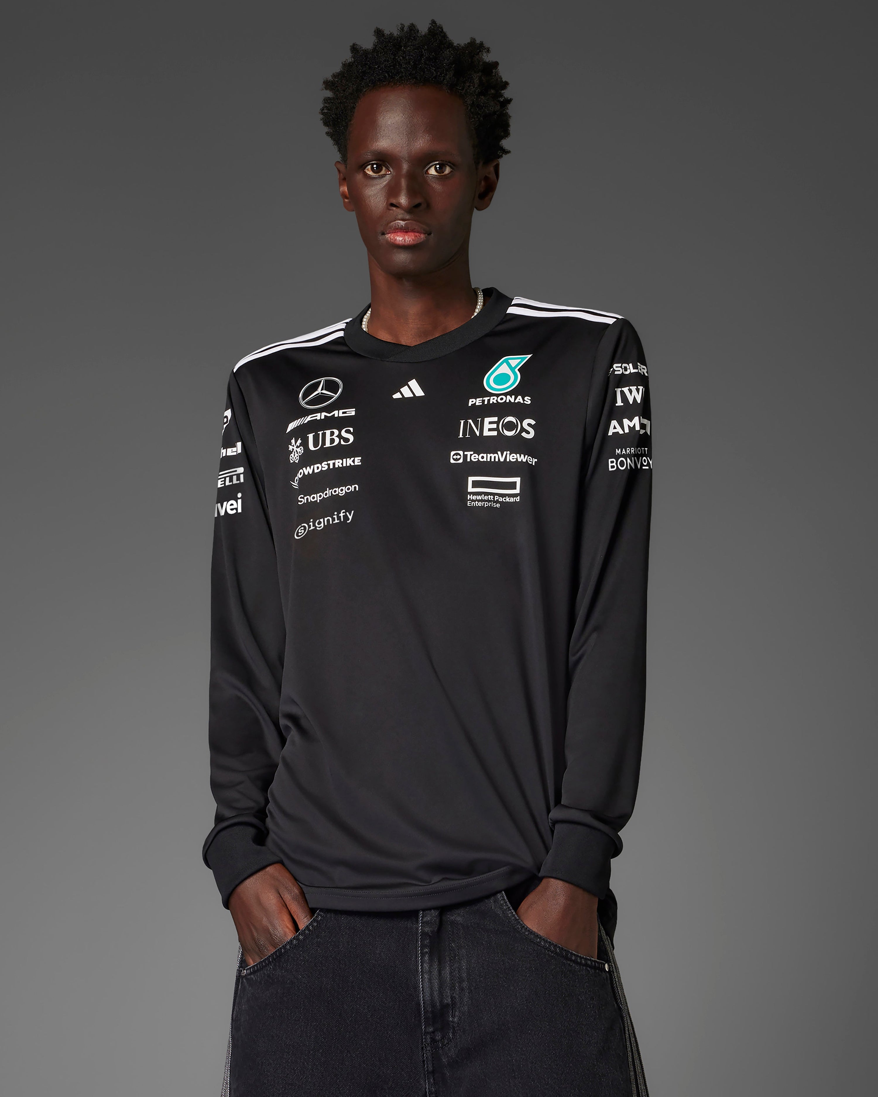 Mens 2025 Team Long Sleeve Driver Tee Black — primary product view showing Mercedes-AMG PETRONAS F1 styling and product details | Dash Racegear