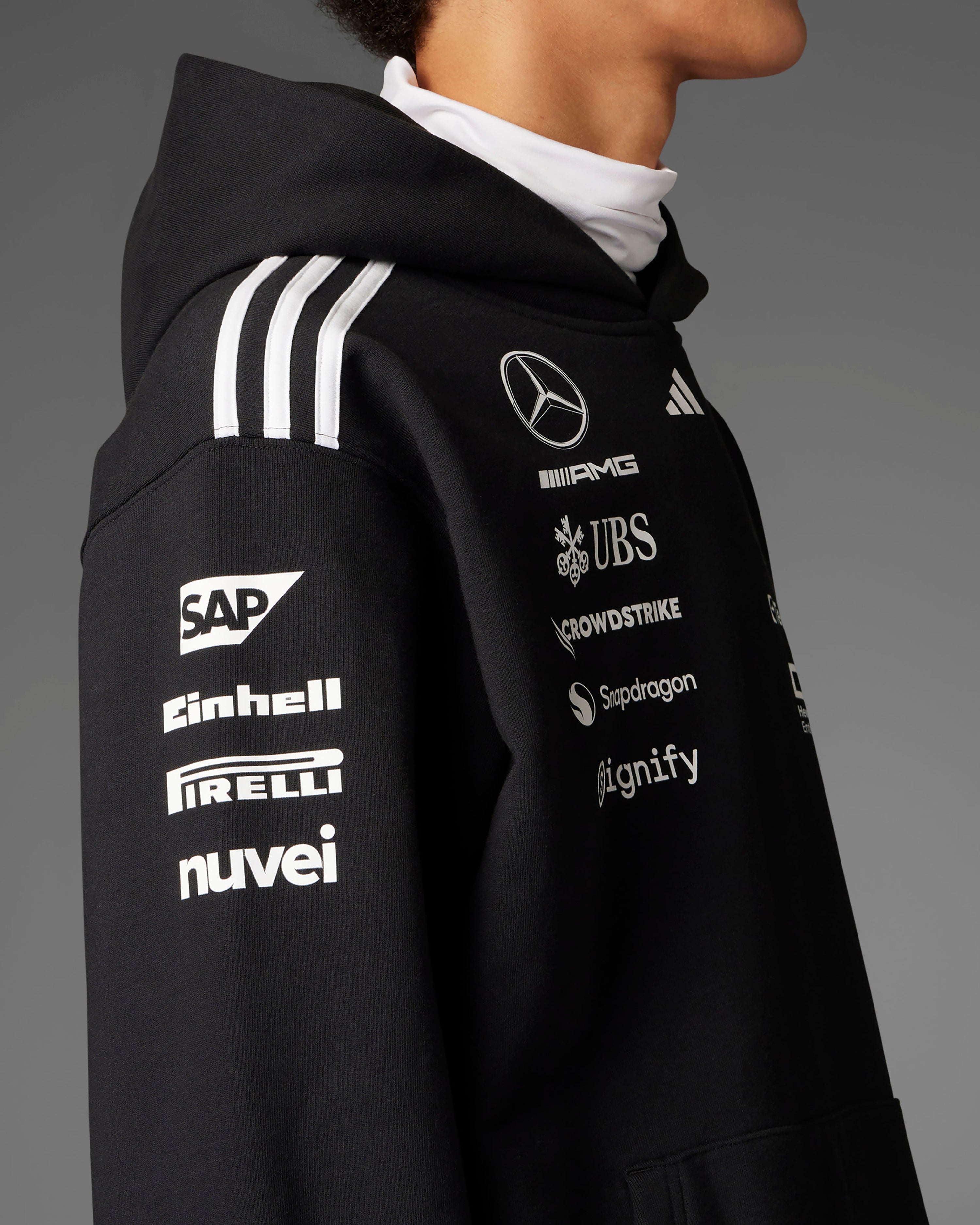 Mens 2025 Team Hoody Black — alternate product angle showing Mercedes-AMG PETRONAS F1 styling and product details | Dash Racegear