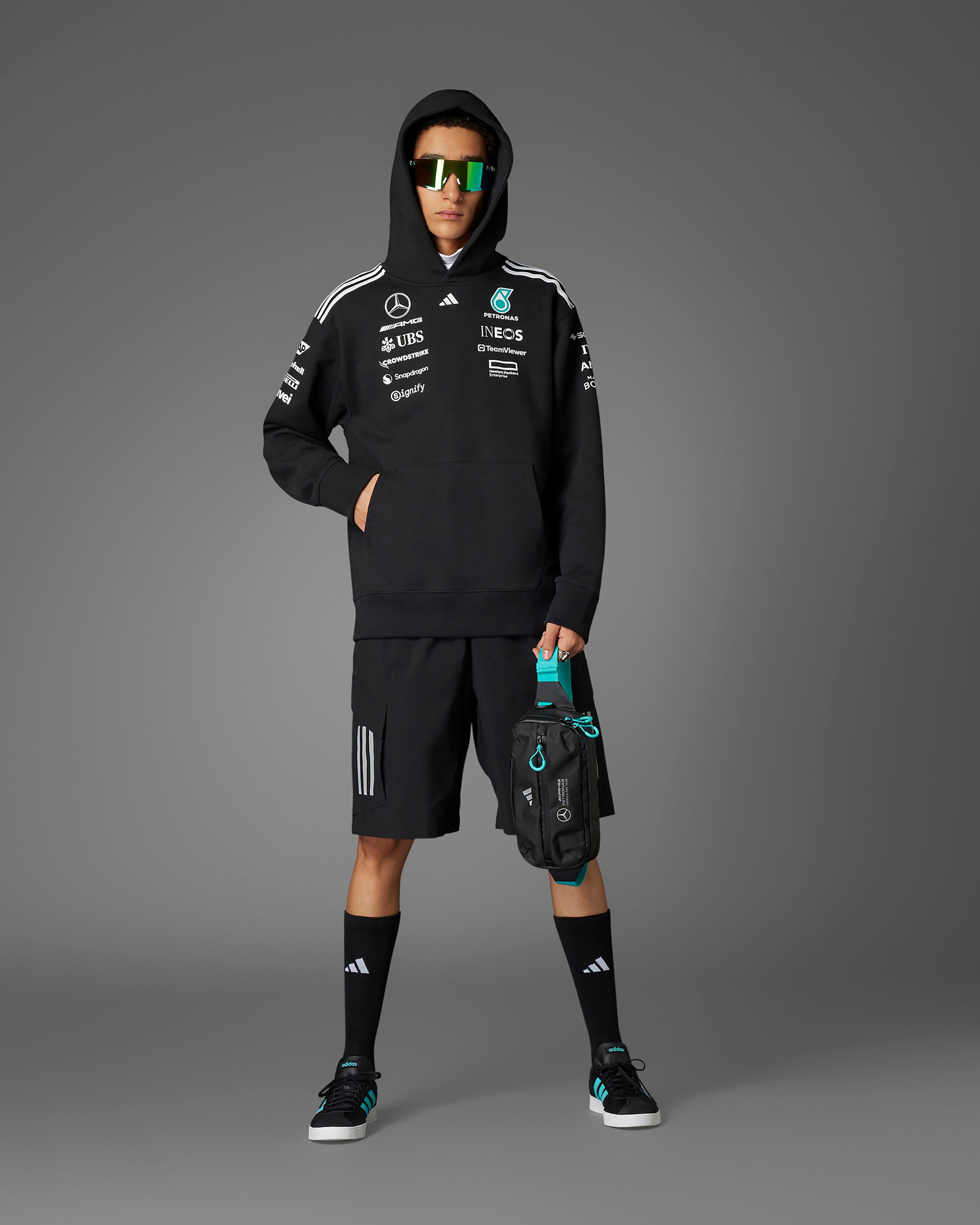 Vl Court Base Trainers Black/Teal — close-up design detail showing Mercedes-AMG PETRONAS F1 styling and product details | Dash Racegear