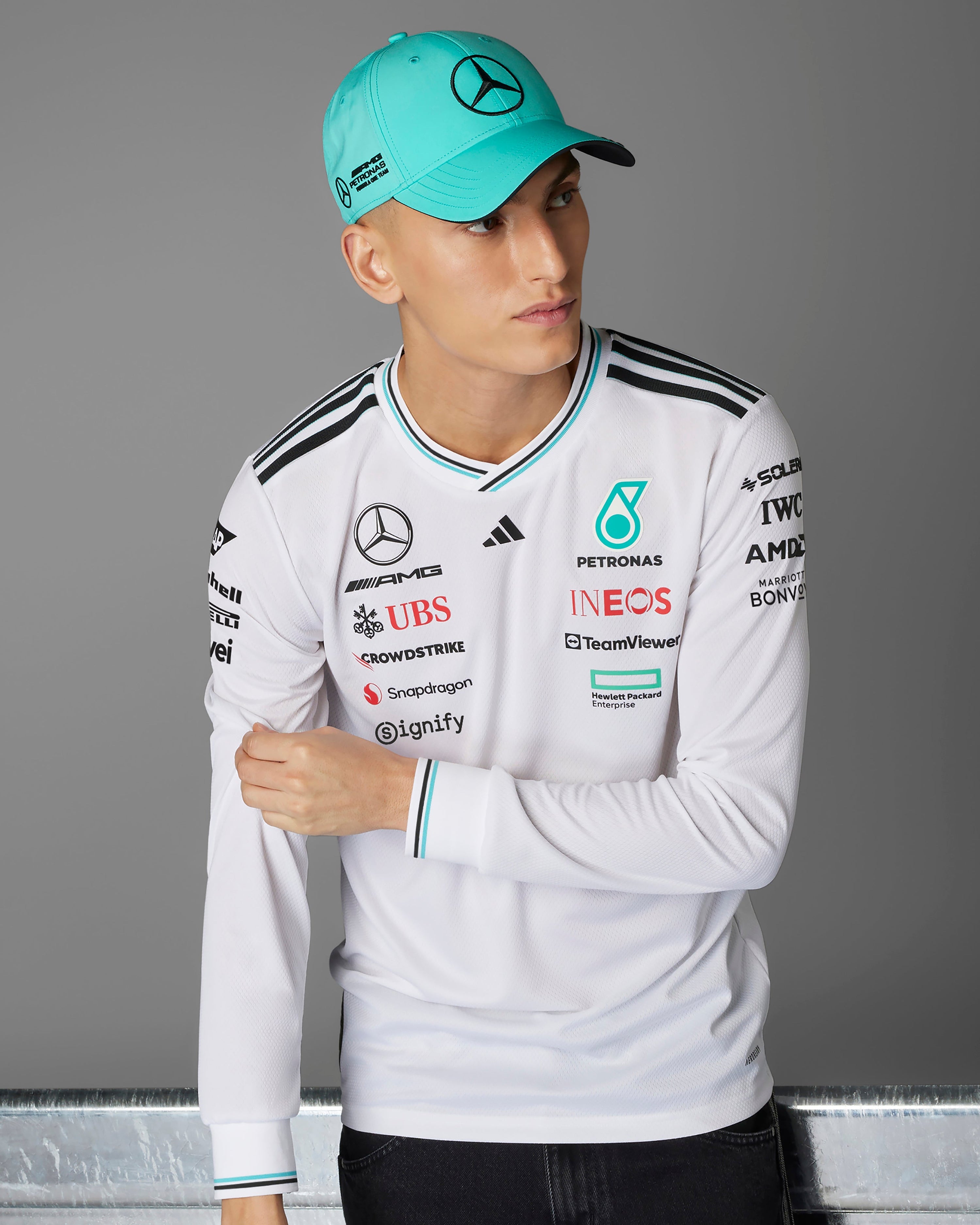 2025 Driver Cap Teal — close-up design detail showing Mercedes-AMG PETRONAS F1 styling and product details | Dash Racegear