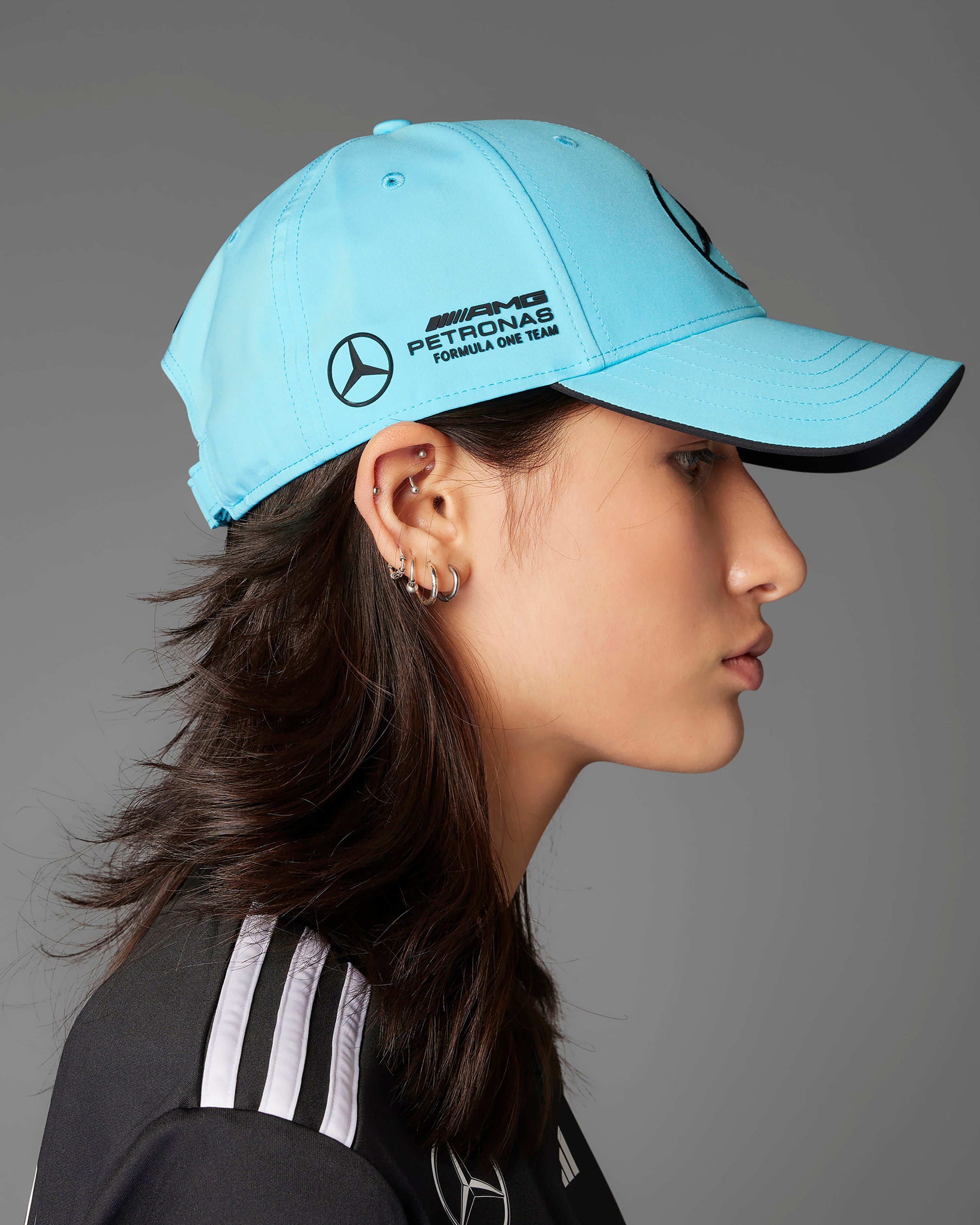 2025 Driver Cap Blue — close-up design detail showing Mercedes-AMG PETRONAS F1 styling and product details | Dash Racegear