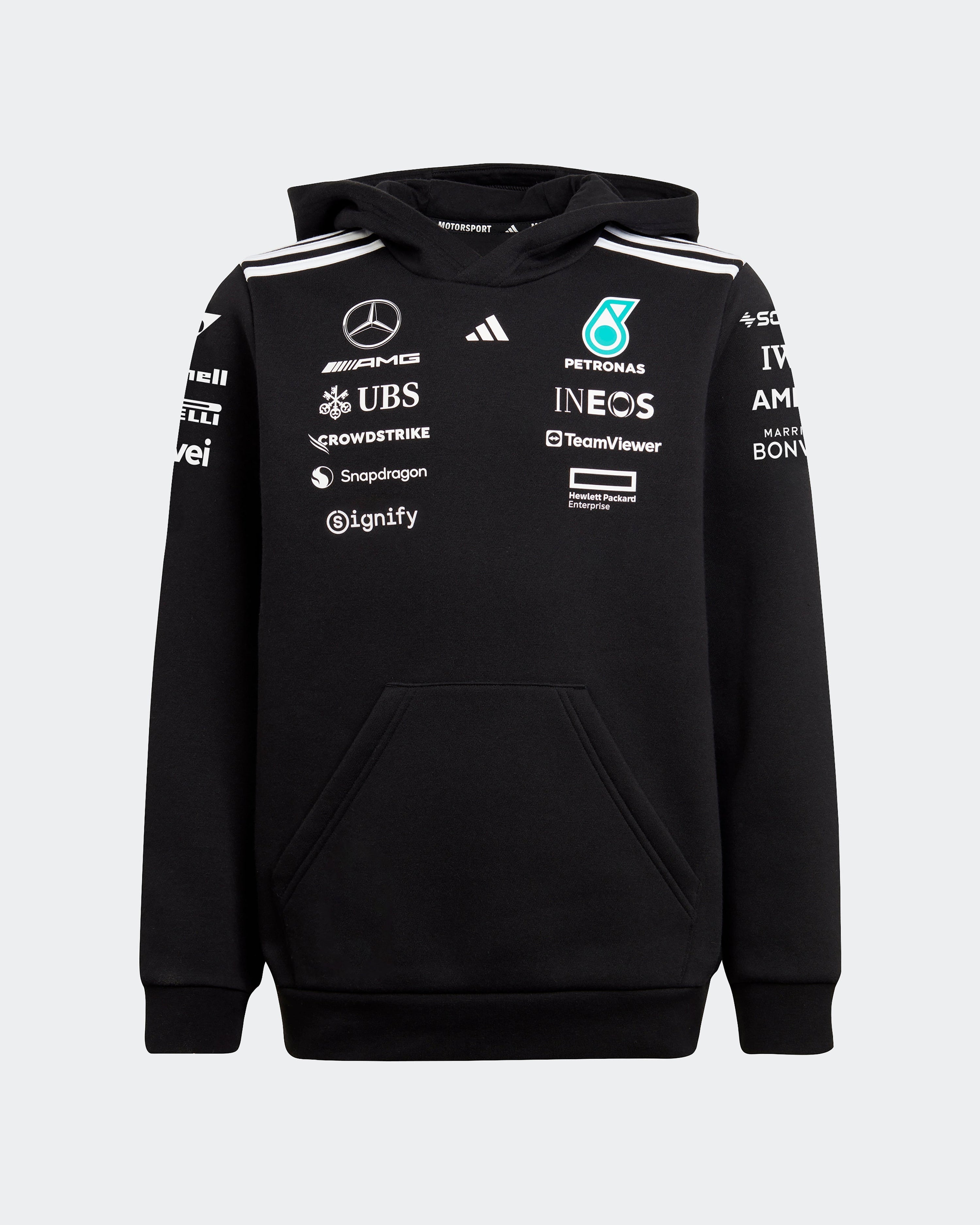 Kids 2025 Team Hoody Black — primary product view showing Mercedes-AMG PETRONAS F1 styling and product details | Dash Racegear