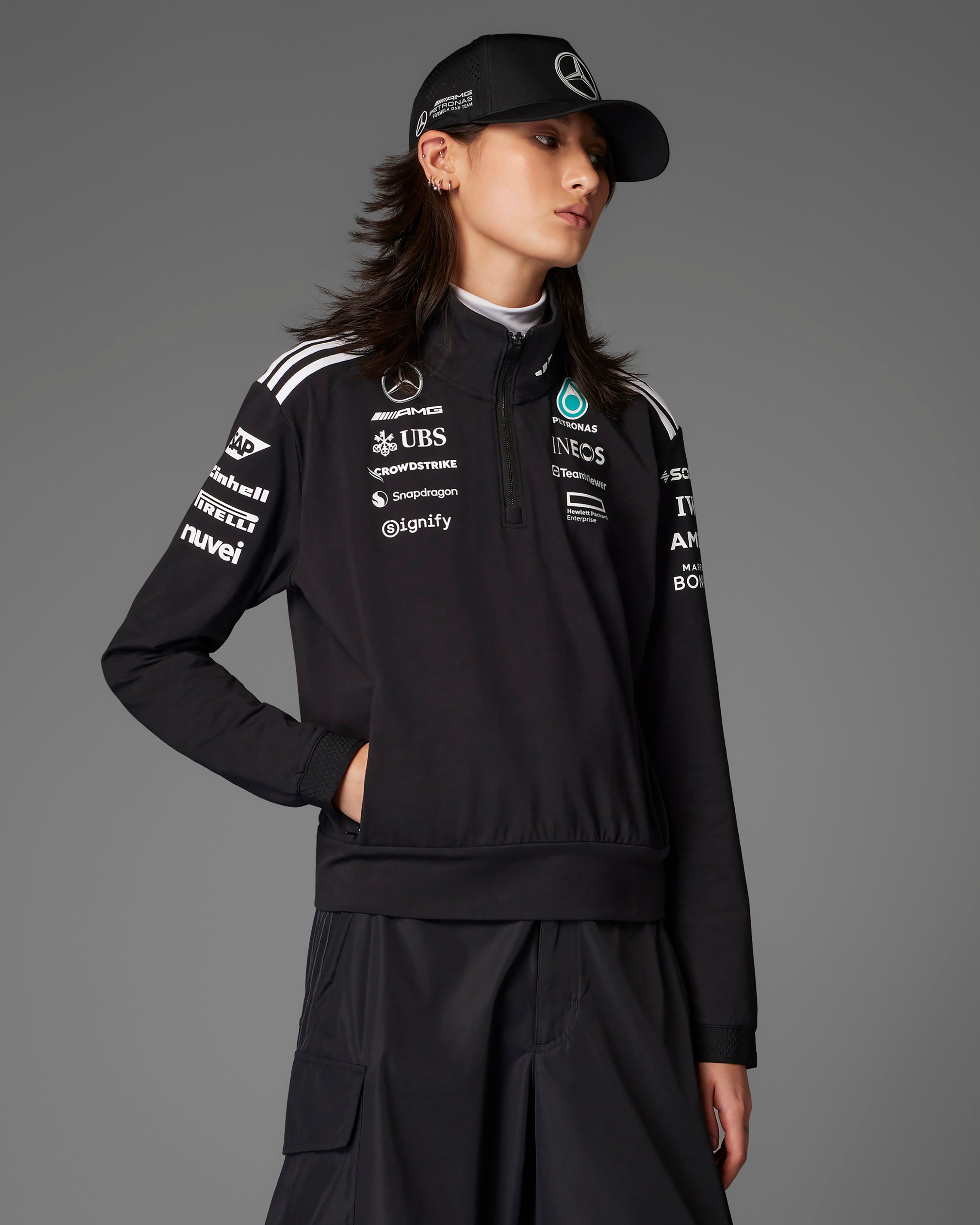 Womens 2025 Team Quarter Zip Black — alternate product angle showing Mercedes-AMG PETRONAS F1 styling and product details | Dash Racegear