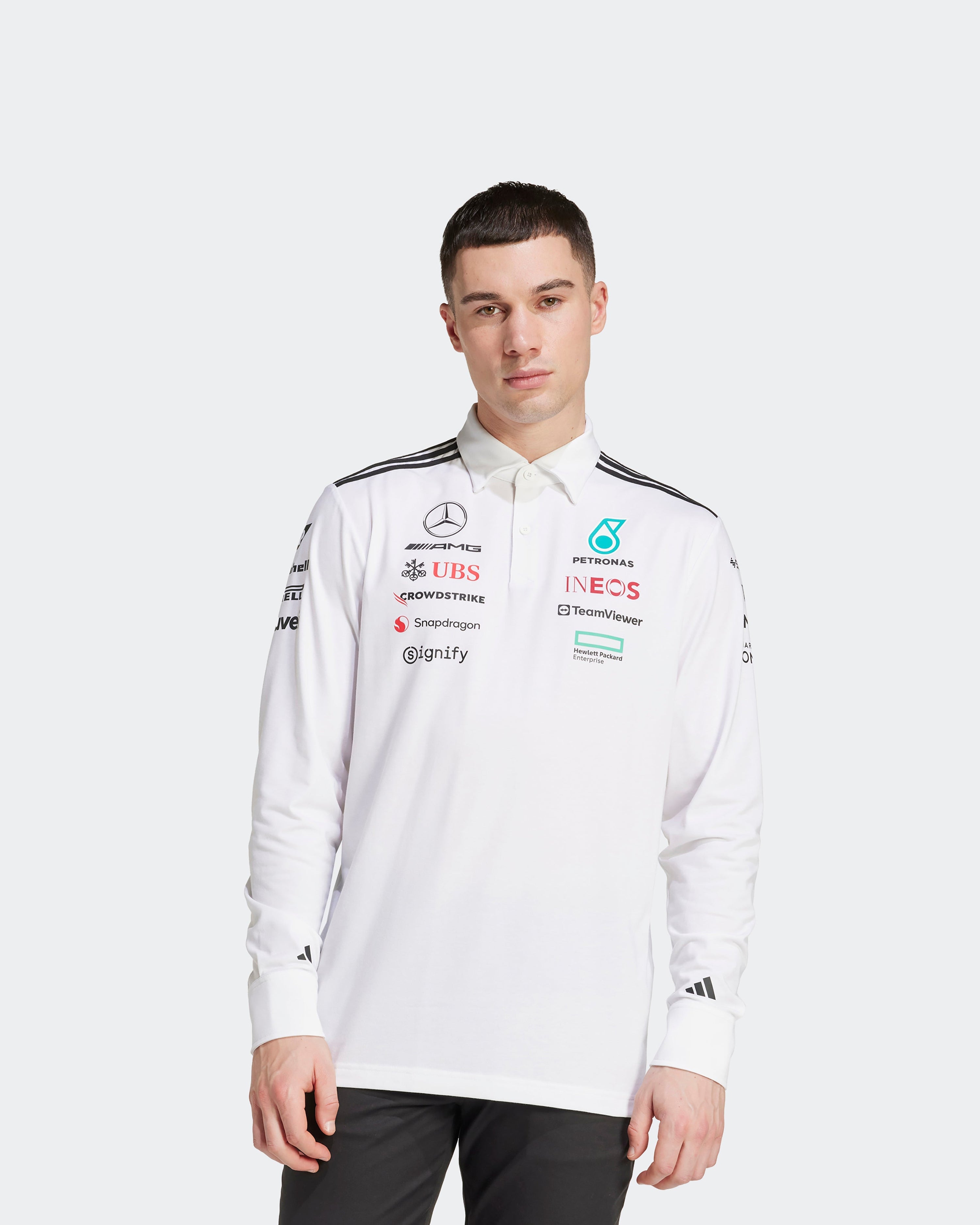 Mens 2025 Team Long Sleeve Polo White — primary product view showing Mercedes-AMG PETRONAS F1 styling and product details | Dash Racegear