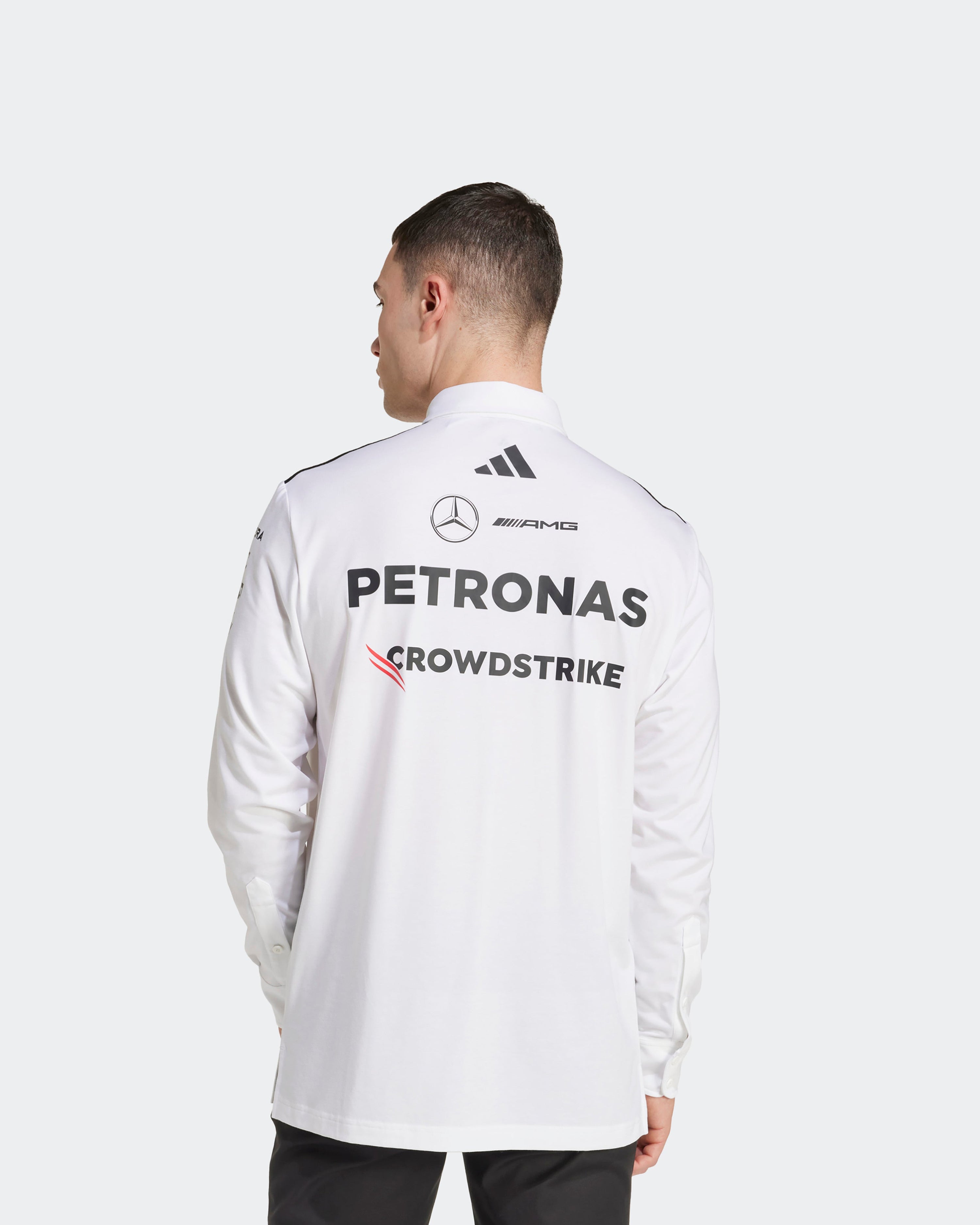 Mens 2025 Team Long Sleeve Polo White — alternate product angle showing Mercedes-AMG PETRONAS F1 styling and product details | Dash Racegear