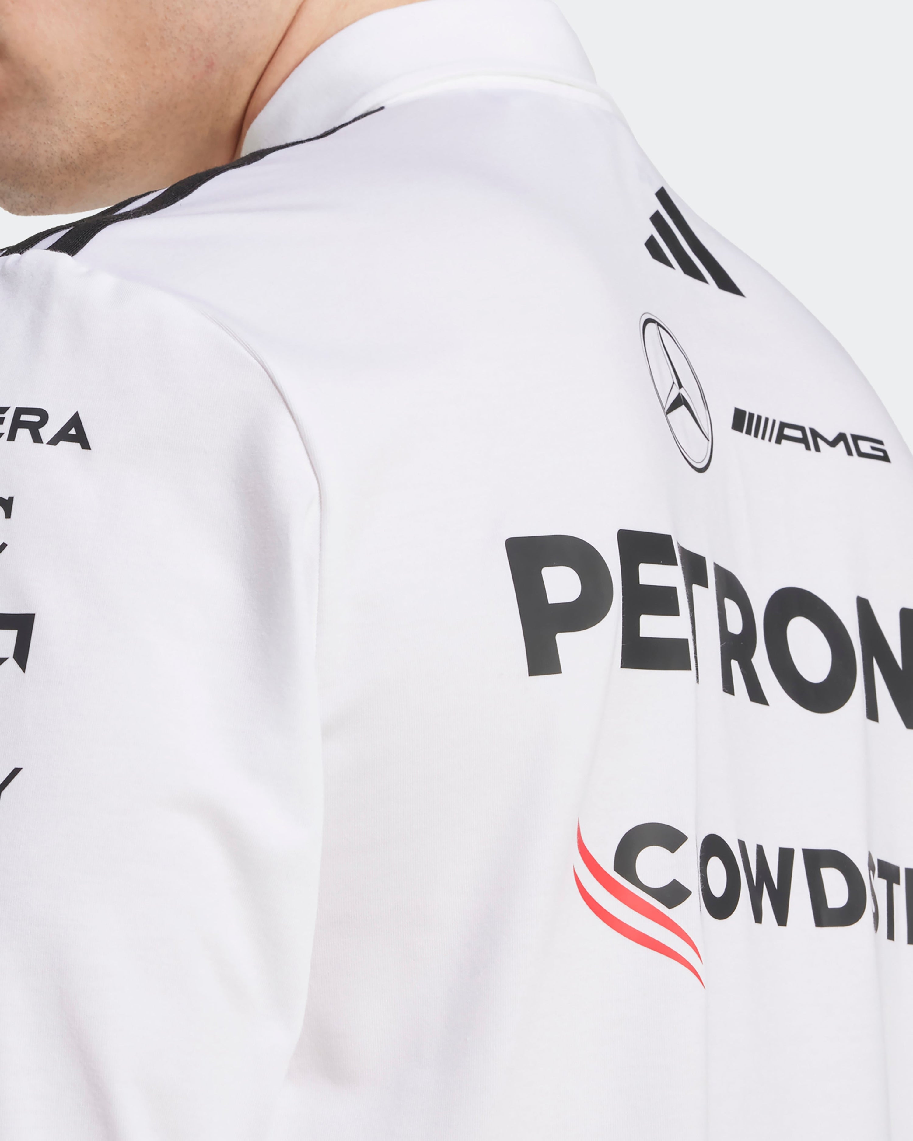 Mens 2025 Team Long Sleeve Polo White — additional product detail showing Mercedes-AMG PETRONAS F1 styling and product details | Dash Racegear