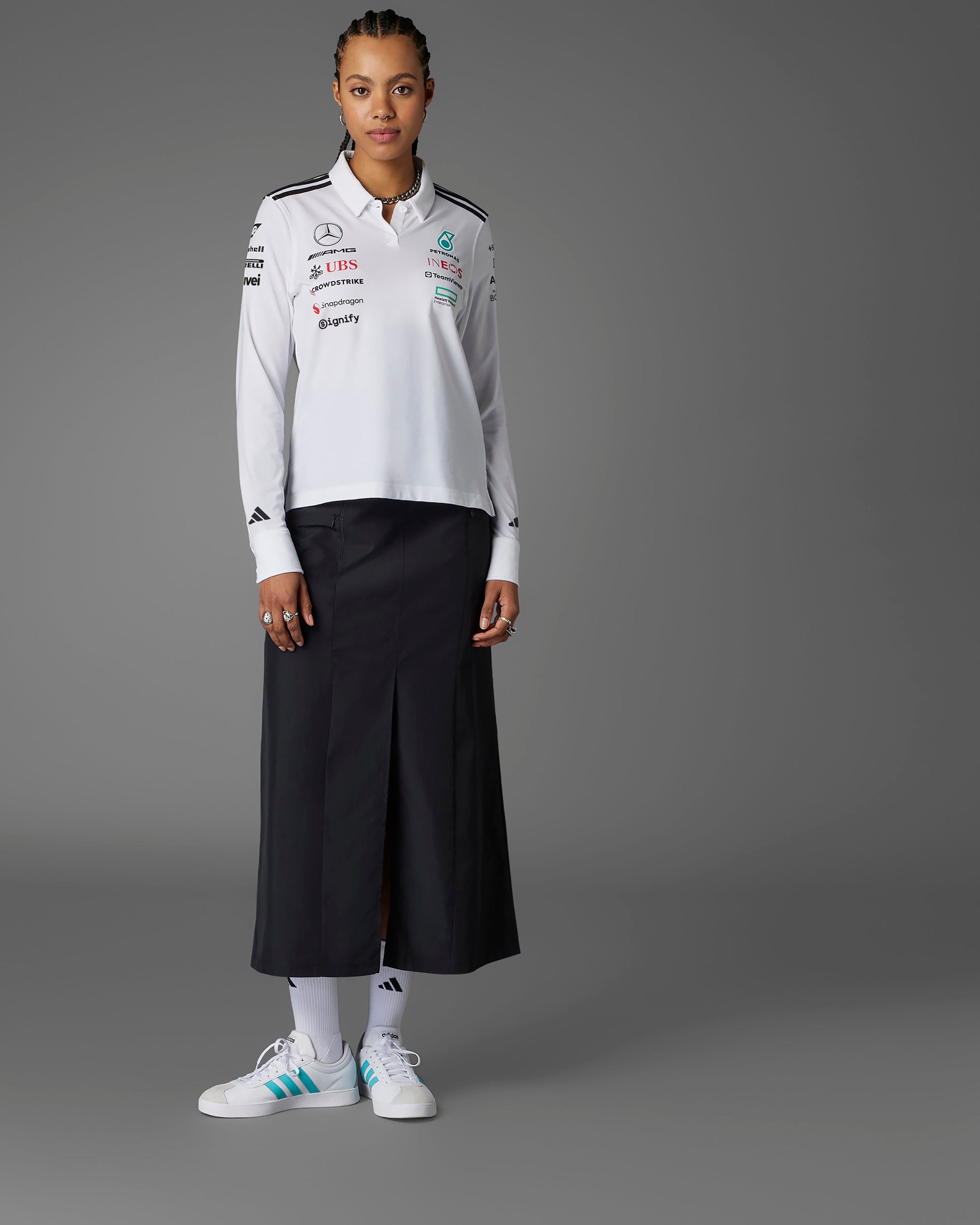 Womens 2025 Team Long Sleeve Polo White — primary product view showing Mercedes-AMG PETRONAS F1 styling and product details | Dash Racegear