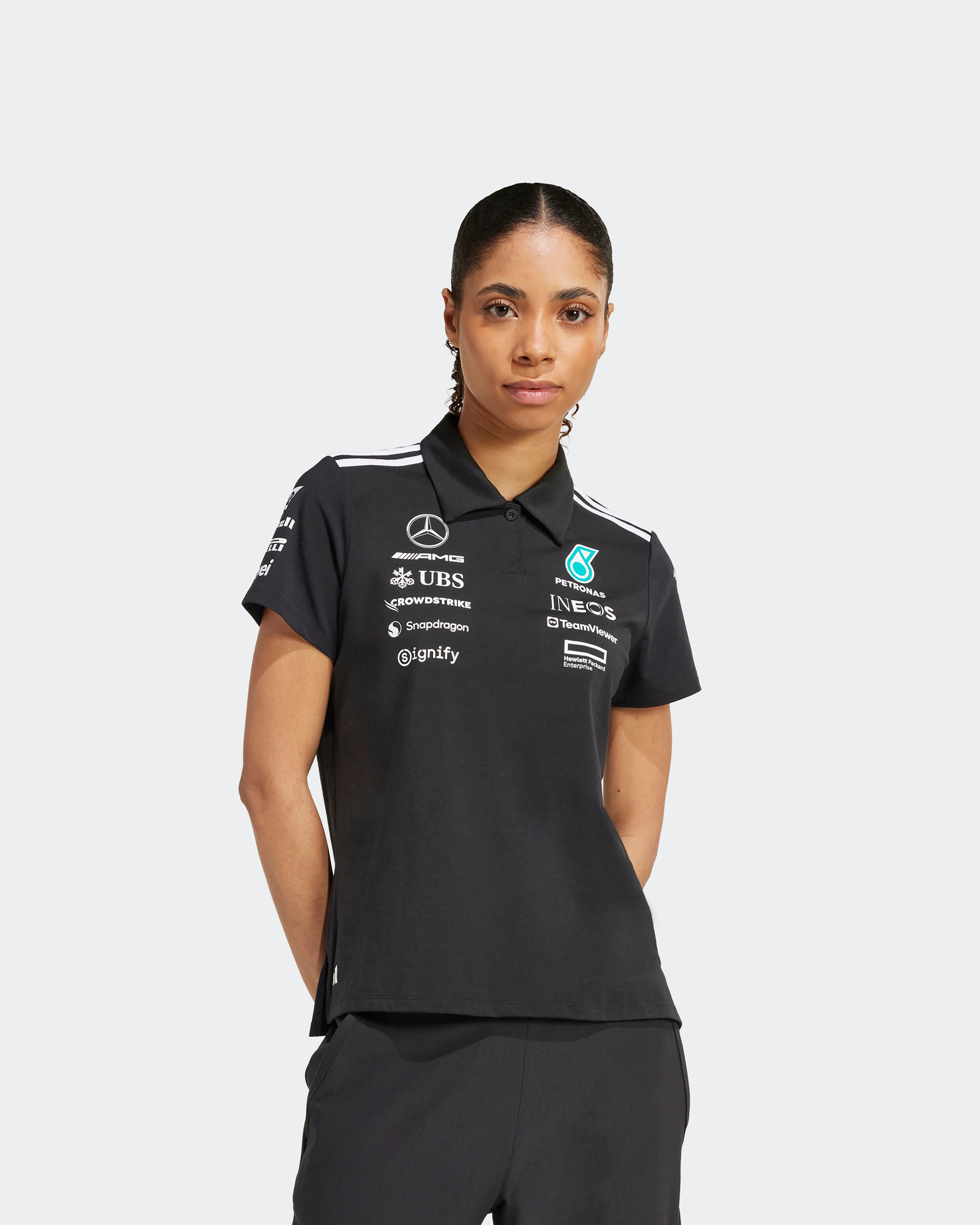 Womens 2025 Team Polo Black — alternate product angle showing Mercedes-AMG PETRONAS F1 styling and product details | Dash Racegear