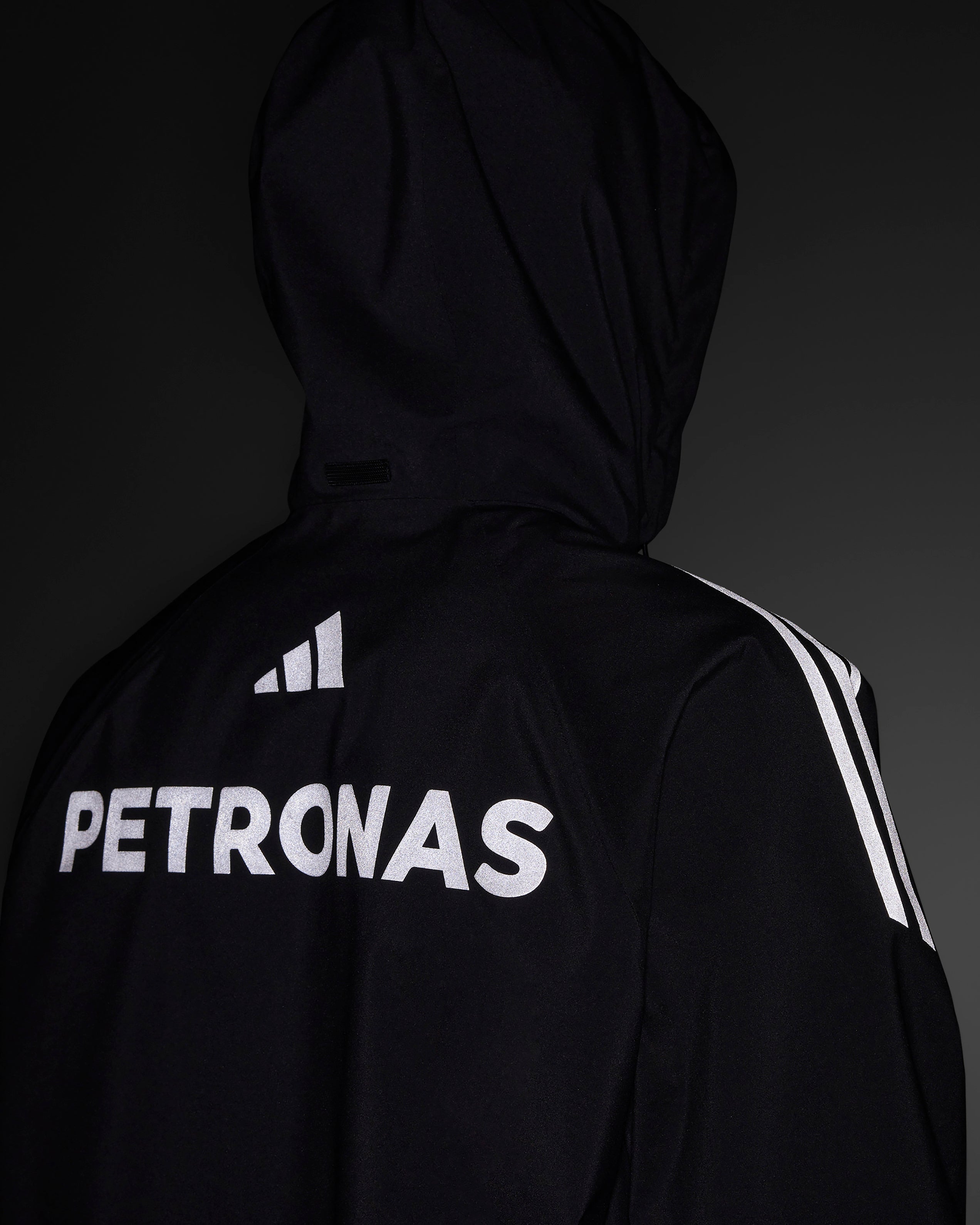 Mens 2025 Mechanics Rain Jacket Black — alternate product angle showing Mercedes-AMG PETRONAS F1 styling and product details | Dash Racegear