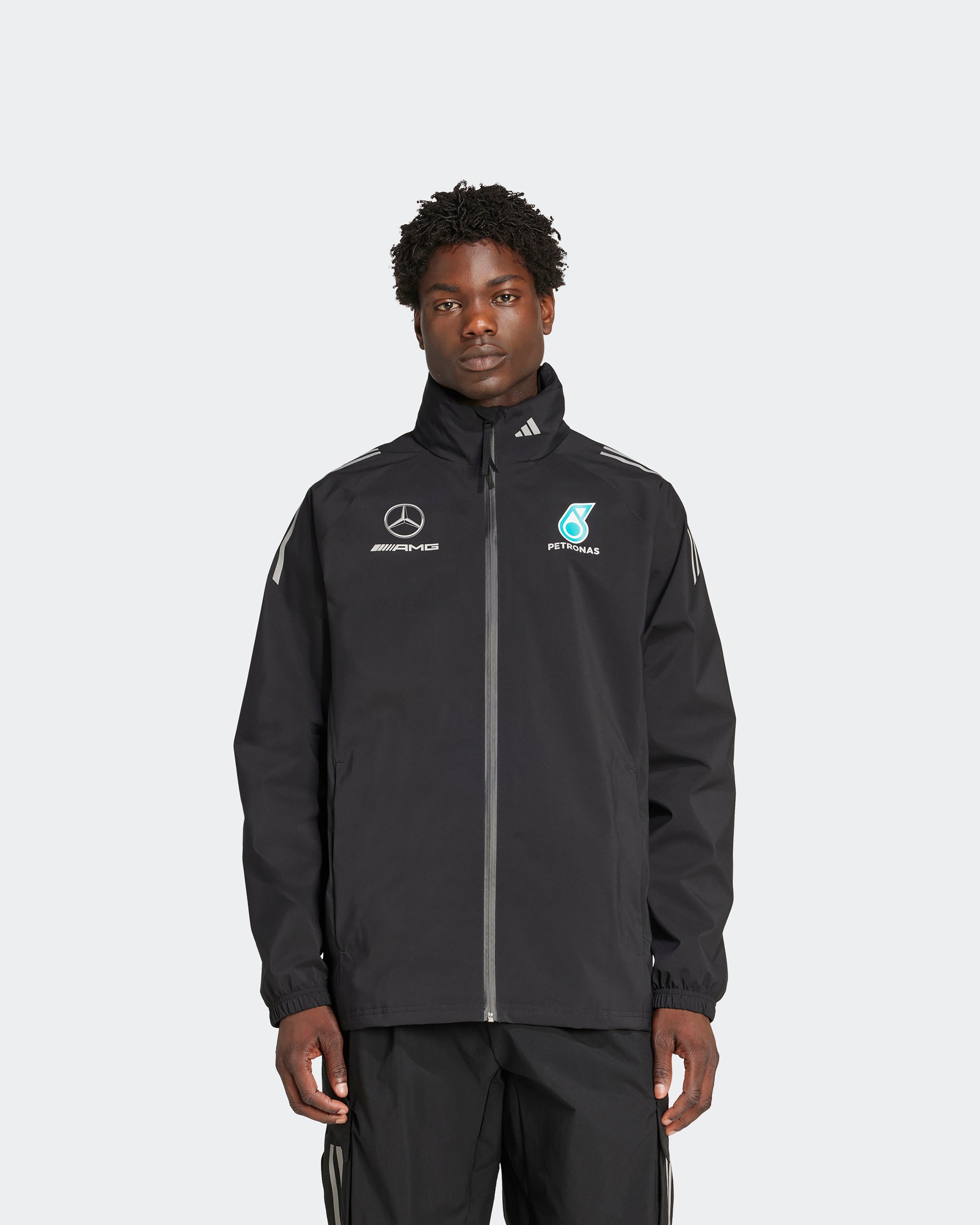 Mens 2025 Mechanics Rain Jacket Black — additional product detail showing Mercedes-AMG PETRONAS F1 styling and product details | Dash Racegear