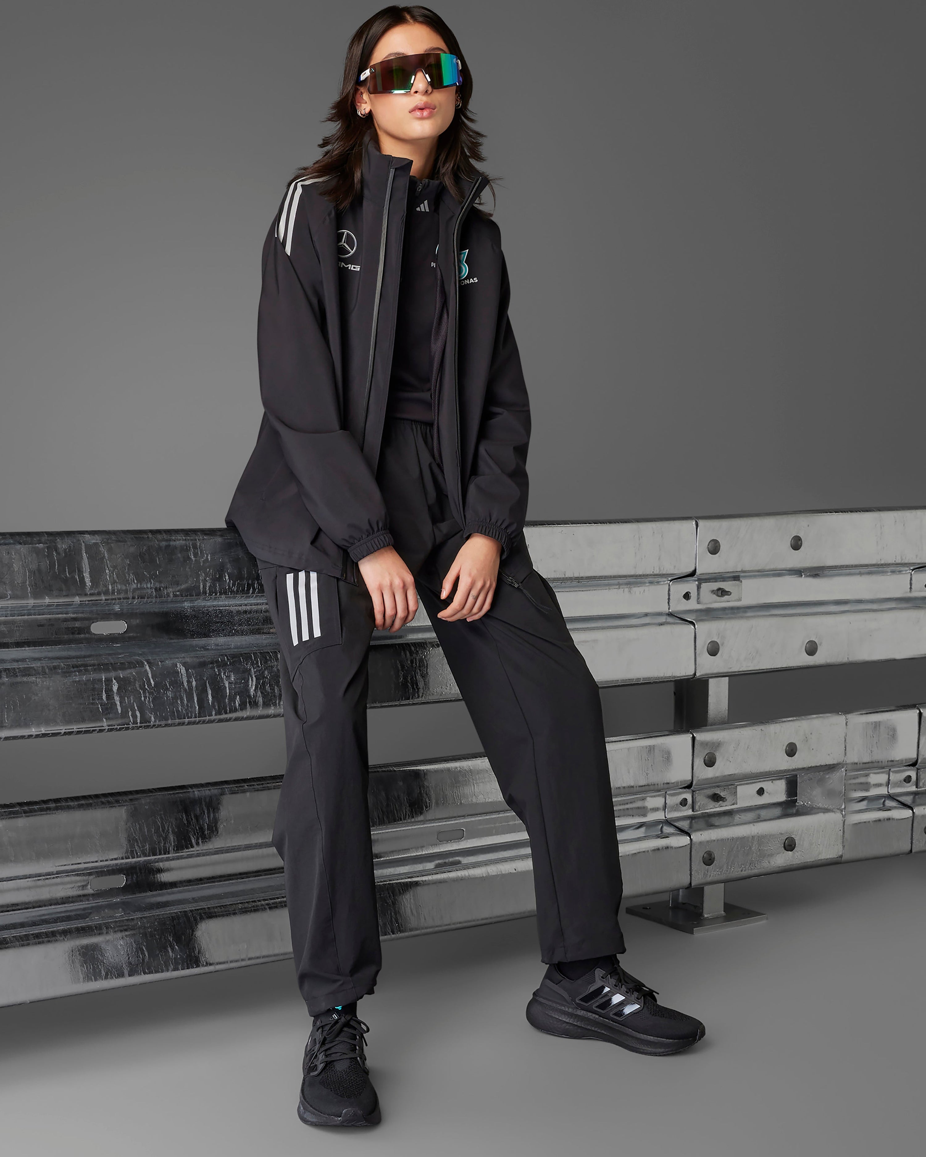 Womens 2025 Mechanics Rain Jacket Black — primary product view showing Mercedes-AMG PETRONAS F1 styling and product details | Dash Racegear