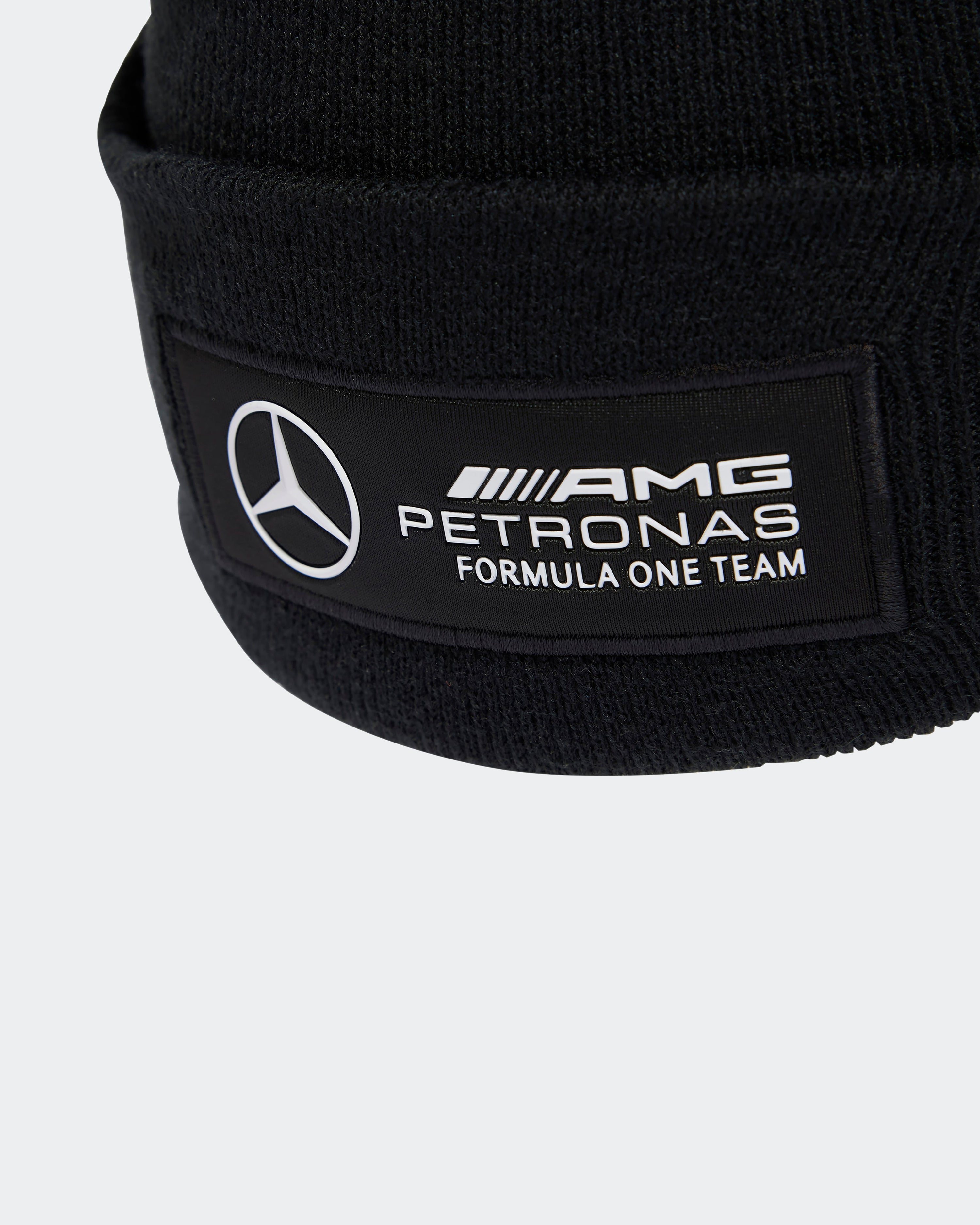 2025 Team Cuff Beanie Black — close-up design detail showing Mercedes-AMG PETRONAS F1 styling and product details | Dash Racegear