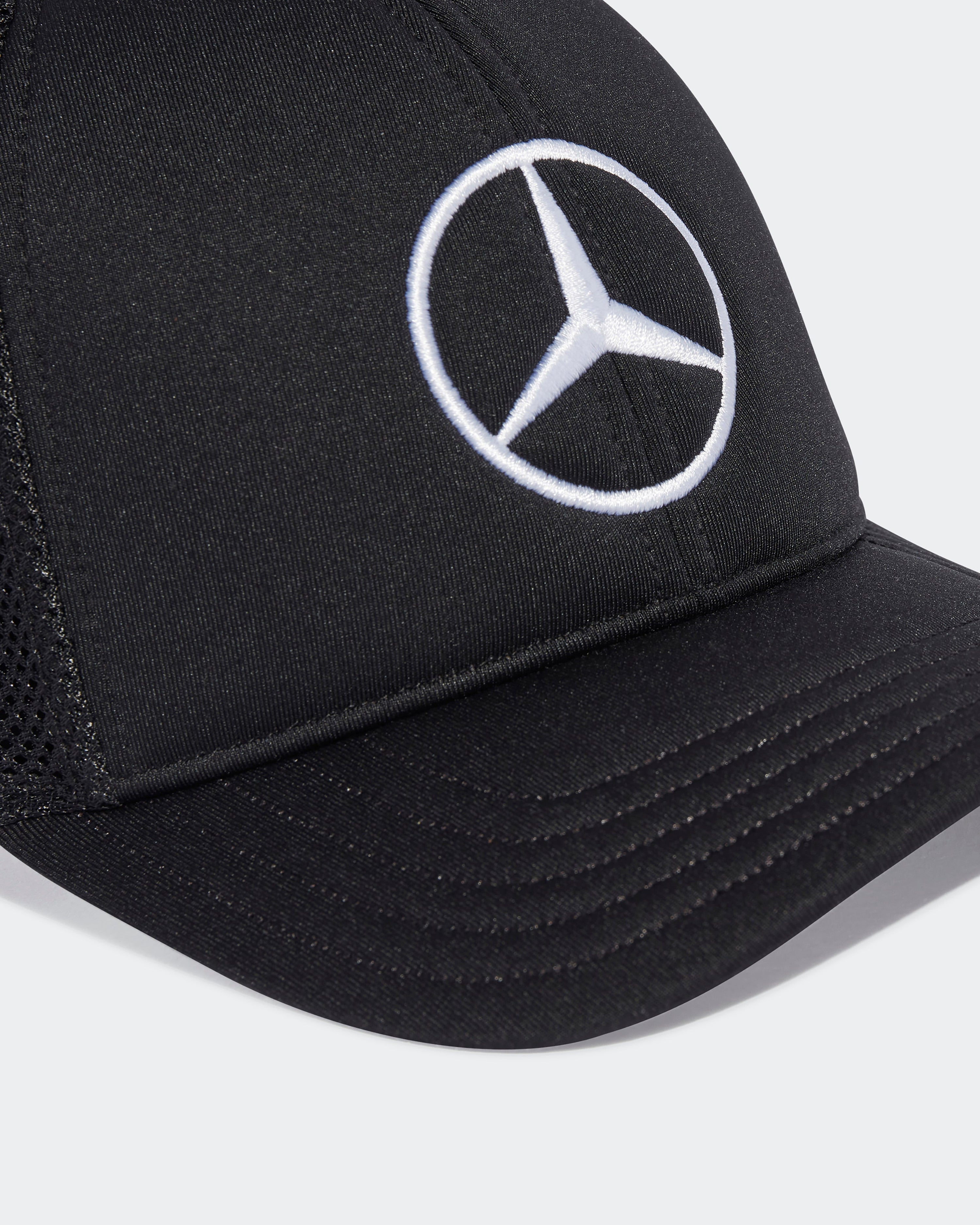 2025 Team Snapback Star Trucker Cap Black — close-up design detail showing Mercedes-AMG PETRONAS F1 styling and product details | Dash Racegear