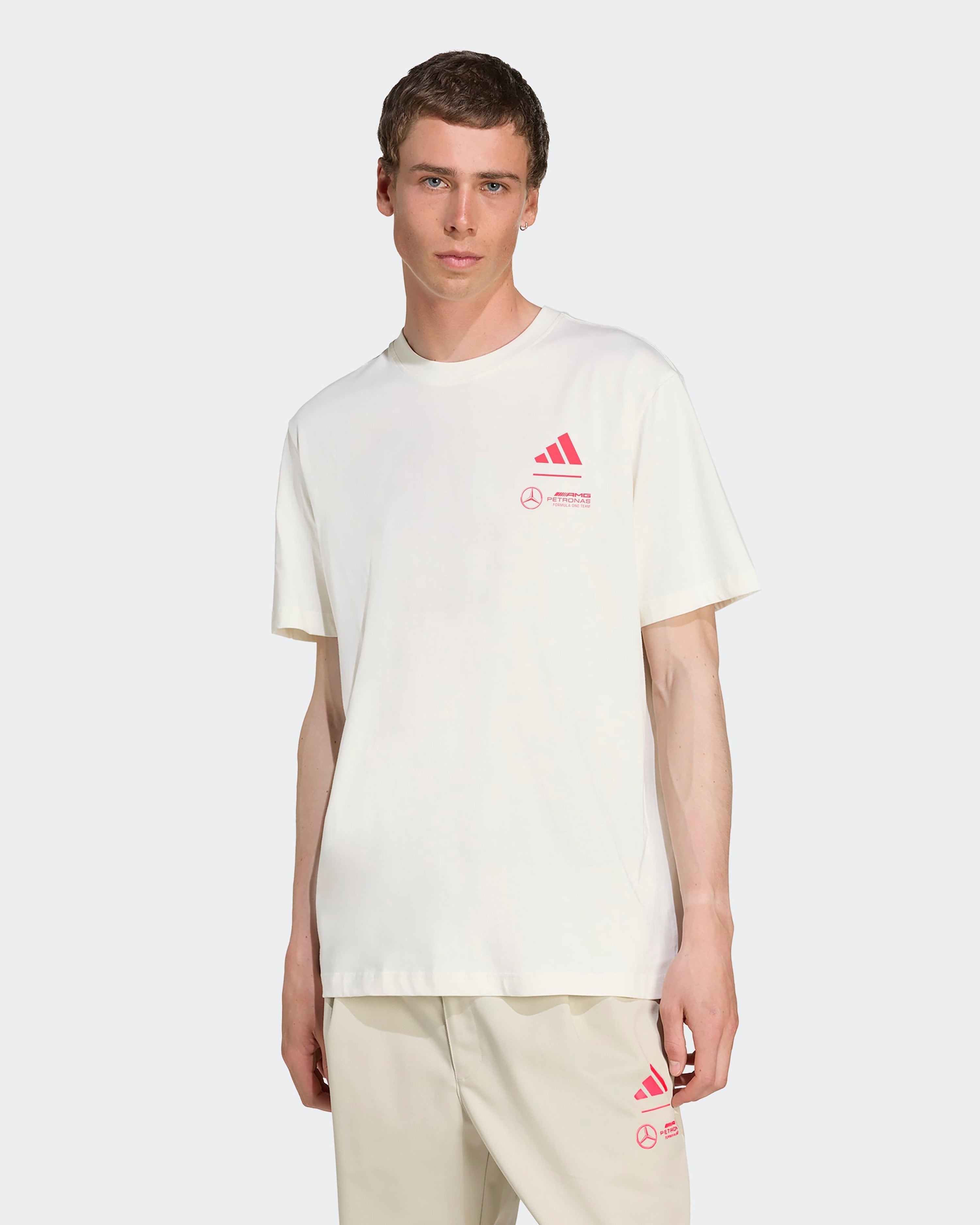 Mens Miami T-shirt White — primary product view showing Mercedes-AMG PETRONAS F1 styling and product details | Dash Racegear