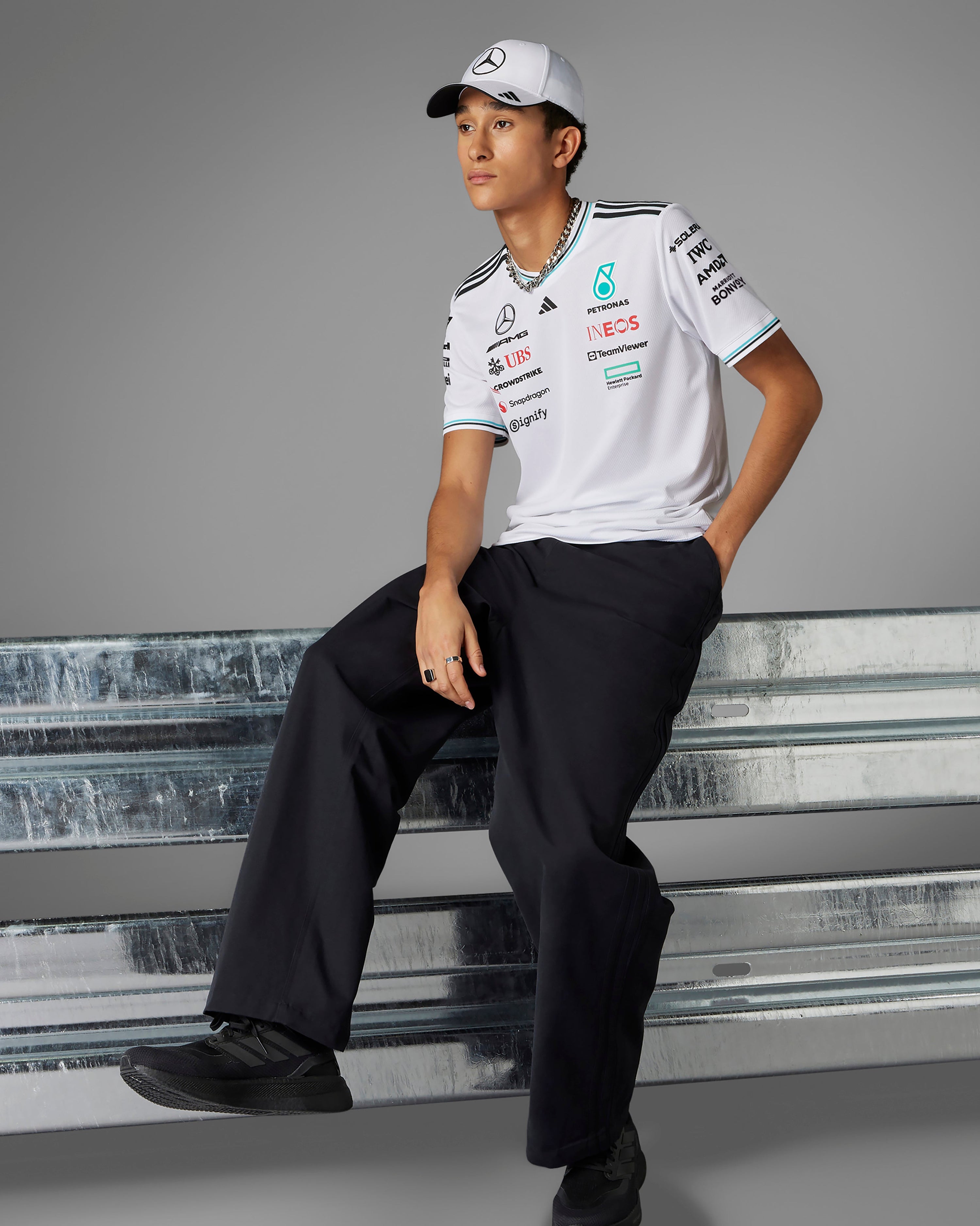 Mens 2025 Authentic Driver Tee White — alternate product angle showing Mercedes-AMG PETRONAS F1 styling and product details | Dash Racegear