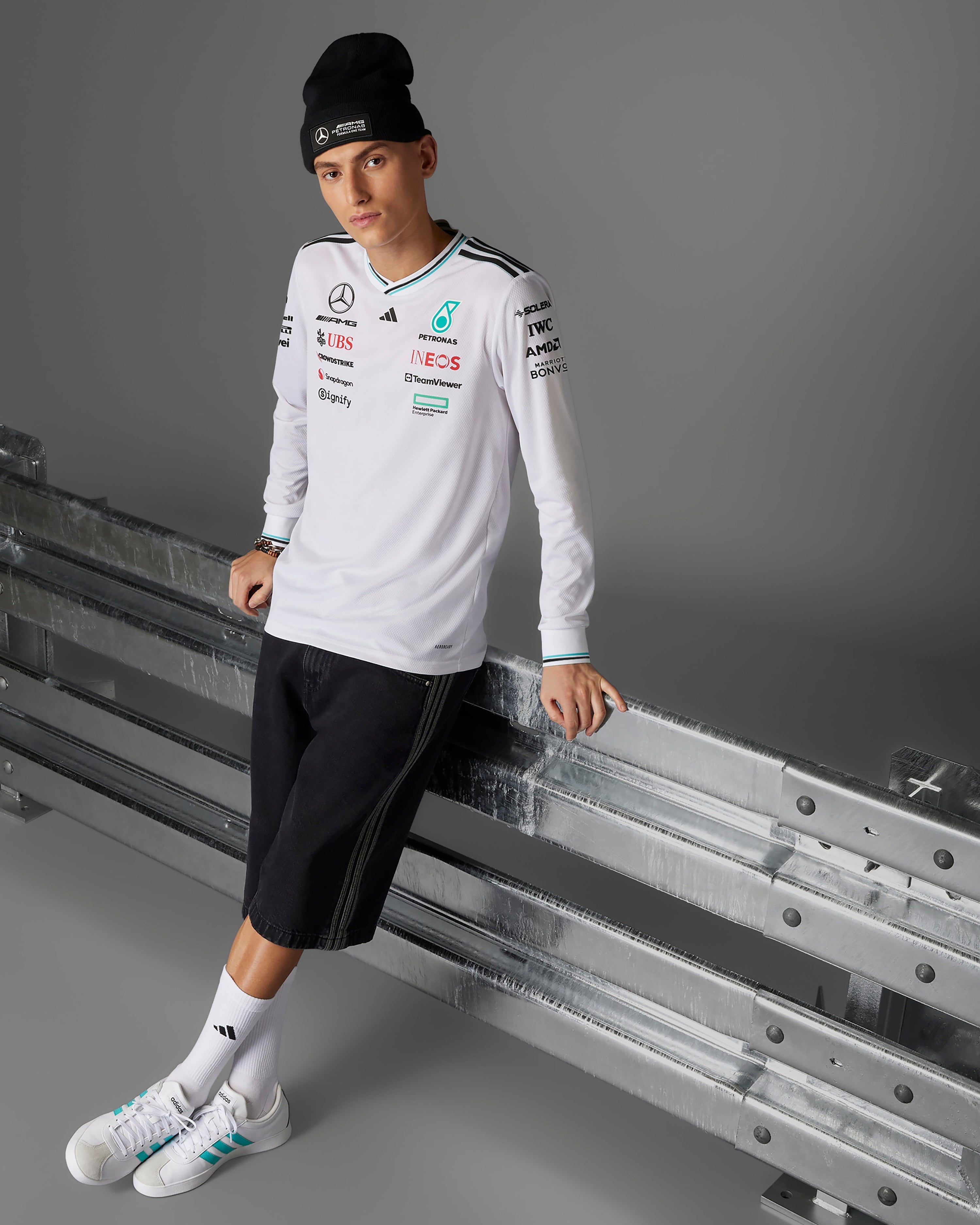 Mens 2025 Authentic Long Sleeve Driver Tee White — alternate product angle showing Mercedes-AMG PETRONAS F1 styling and product details | Dash Racegear