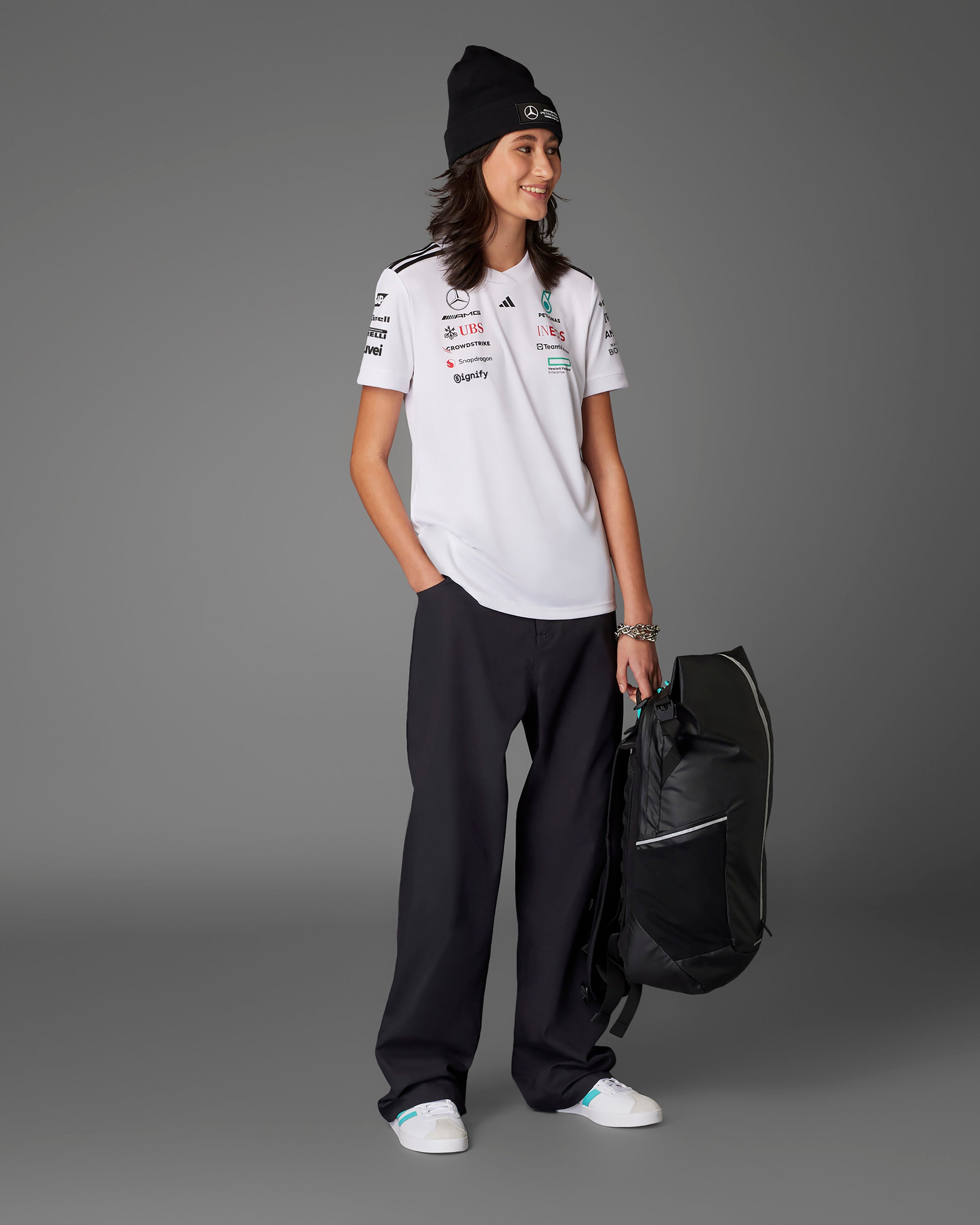 Womens 2025 Team Driver Tee White — primary product view showing Mercedes-AMG PETRONAS F1 styling and product details | Dash Racegear