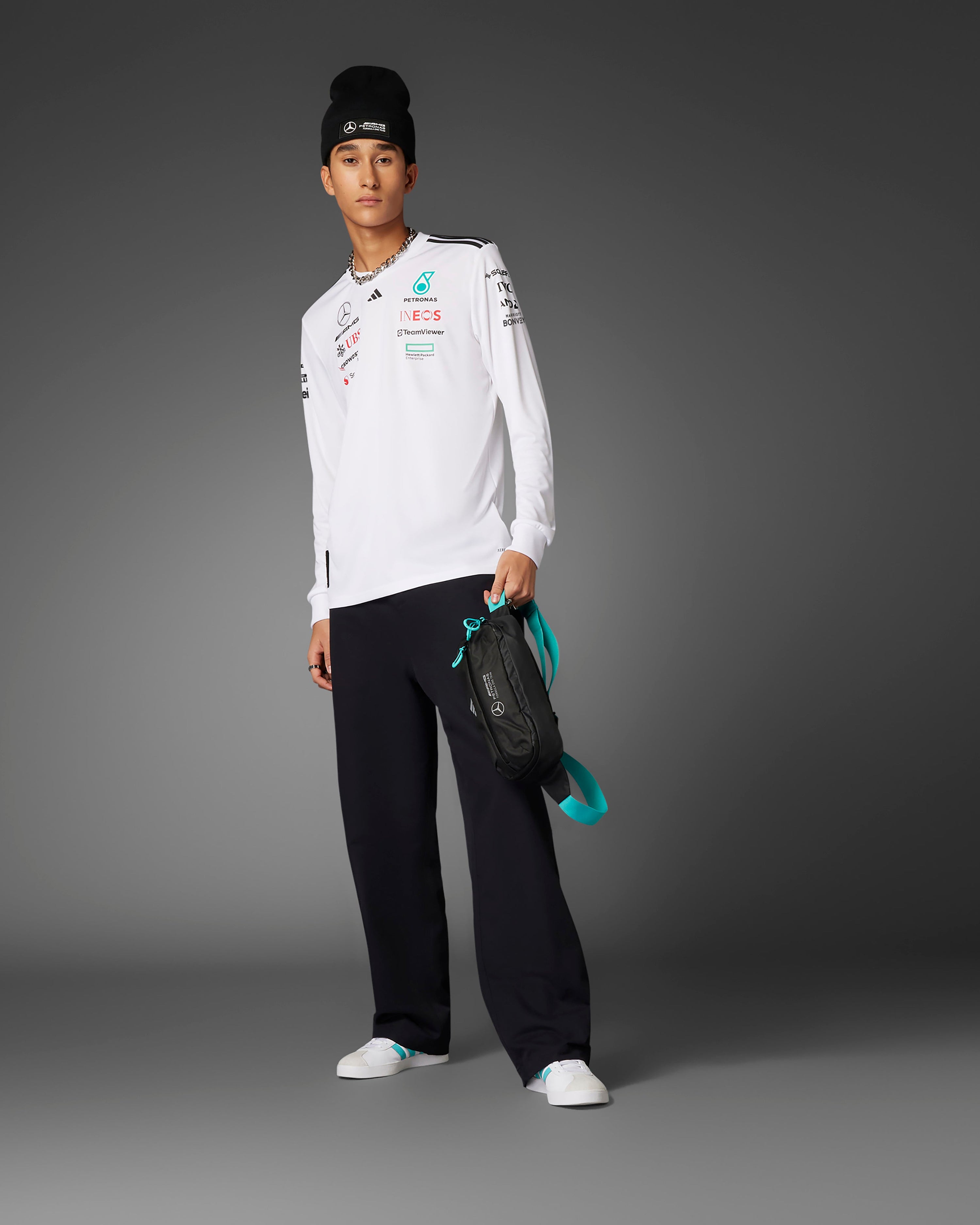 Mens 2025 Team Long Sleeve Driver Tee White — alternate product angle showing Mercedes-AMG PETRONAS F1 styling and product details | Dash Racegear