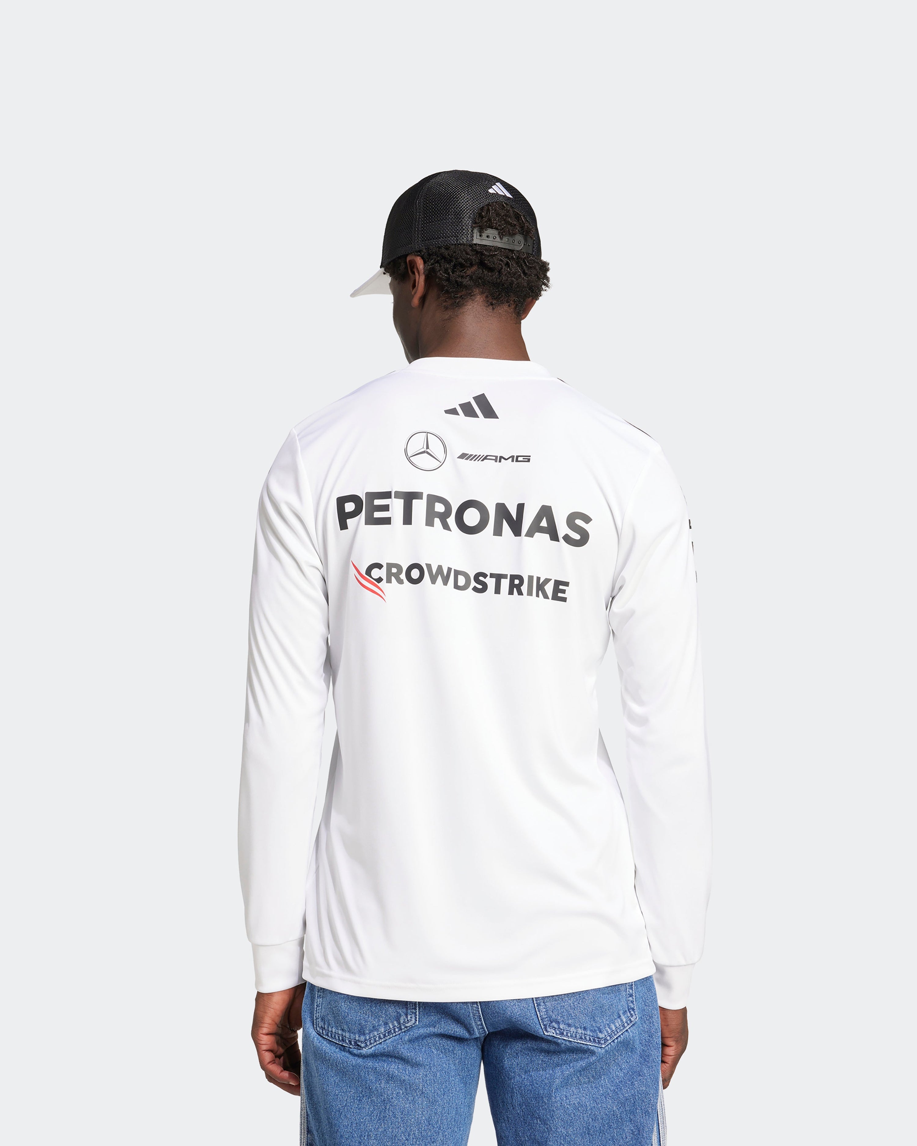 Mens 2025 Team Long Sleeve Driver Tee White — additional product detail showing Mercedes-AMG PETRONAS F1 styling and product details | Dash Racegear