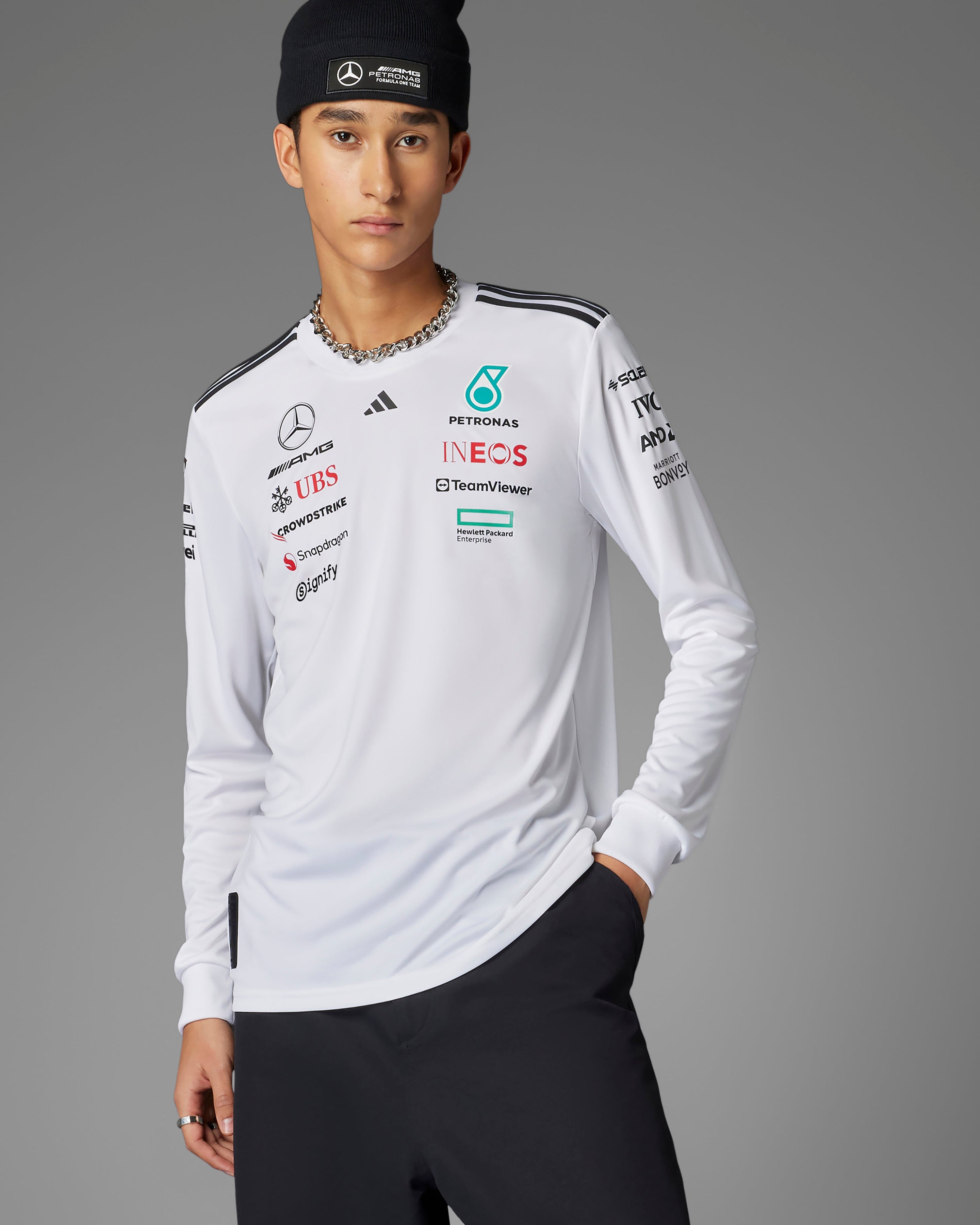 Mens 2025 Team Long Sleeve Driver Tee White — primary product view showing Mercedes-AMG PETRONAS F1 styling and product details | Dash Racegear