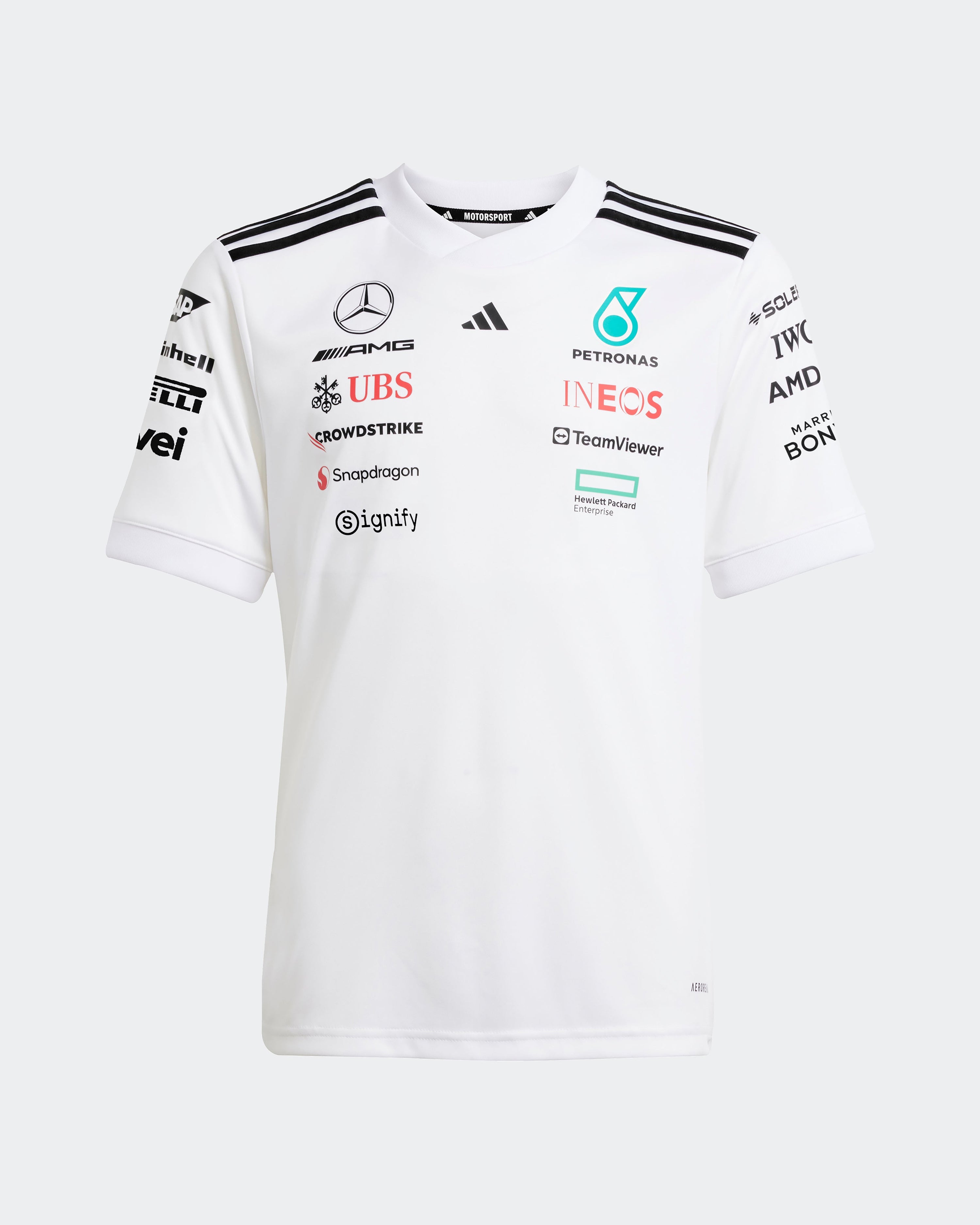 Kids 2025 Team Driver Tee White — primary product view showing Mercedes-AMG PETRONAS F1 styling and product details | Dash Racegear