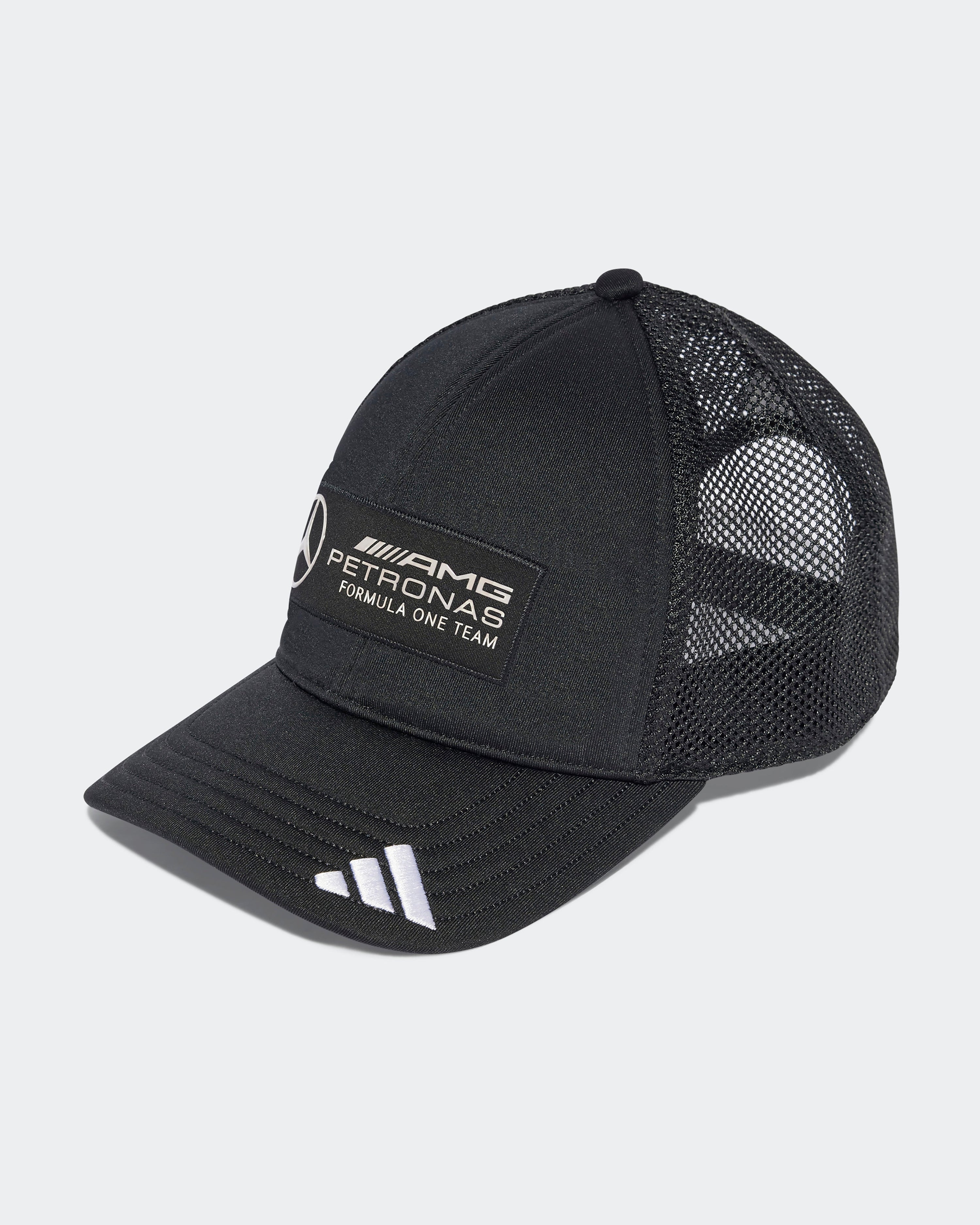 2025 Team Trucker Cap Black — primary product view showing Mercedes-AMG PETRONAS F1 styling and product details | Dash Racegear