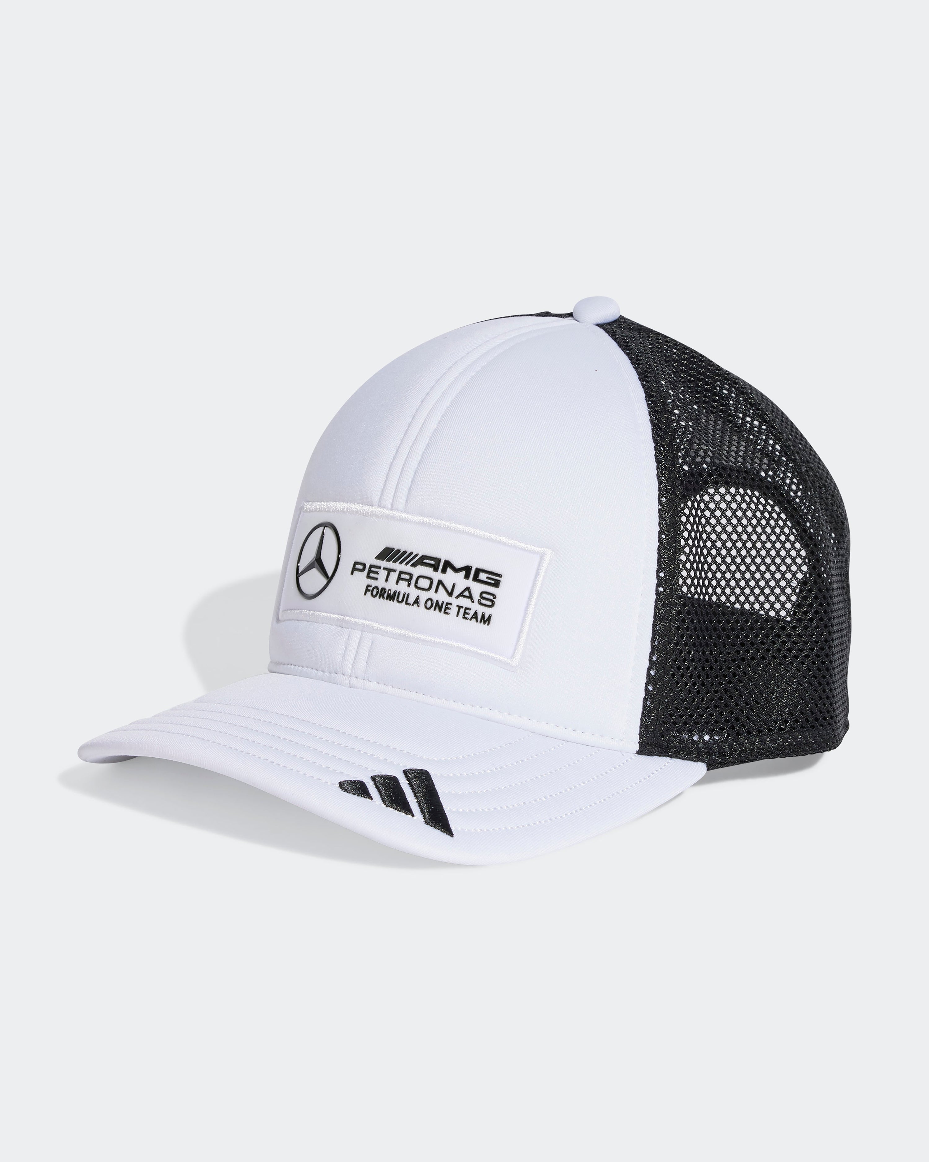 2025 Team Trucker Cap White — primary product view showing Mercedes-AMG PETRONAS F1 styling and product details | Dash Racegear
