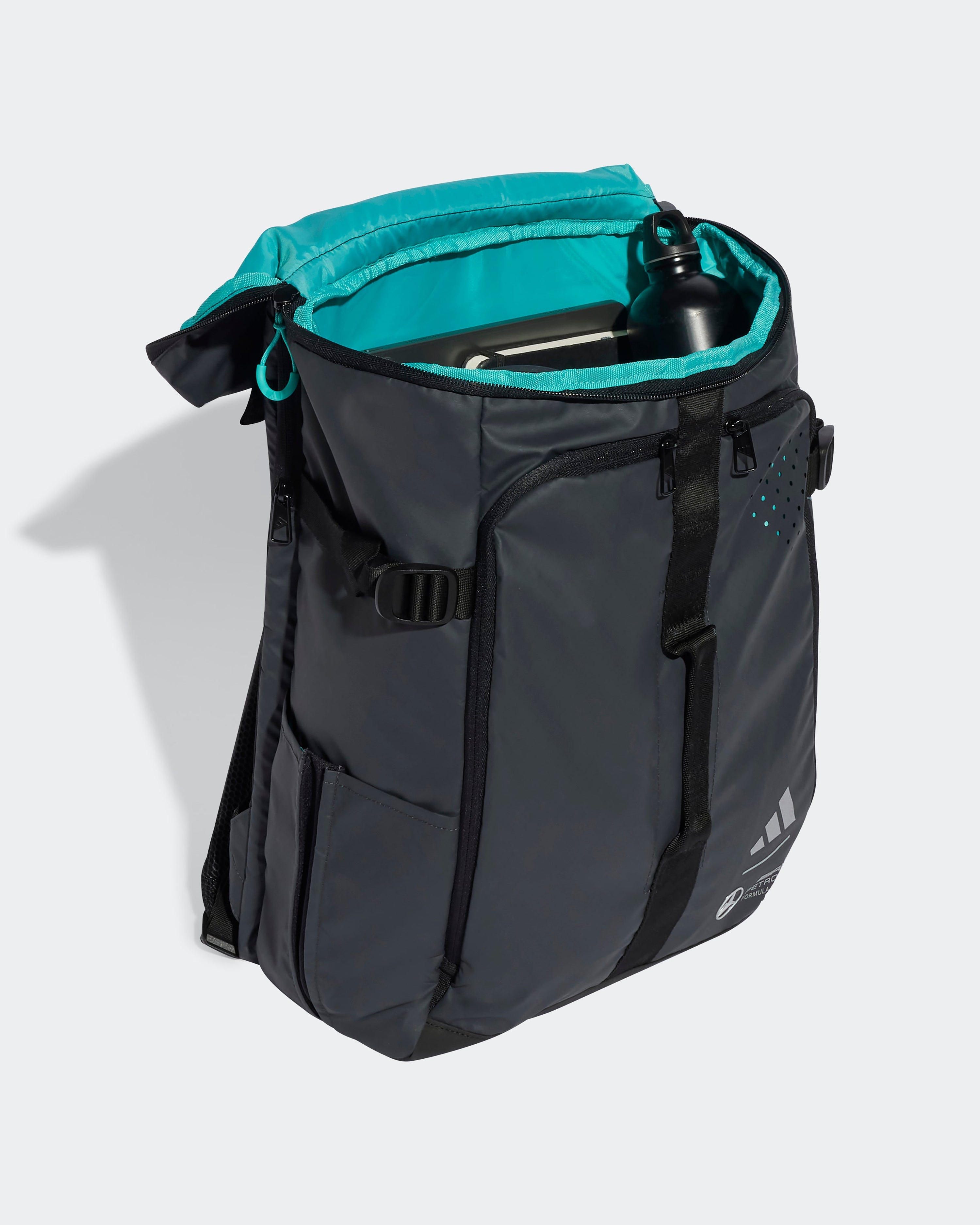 Hybrid Backpack Black — close-up design detail showing Mercedes-AMG PETRONAS F1 styling and product details | Dash Racegear