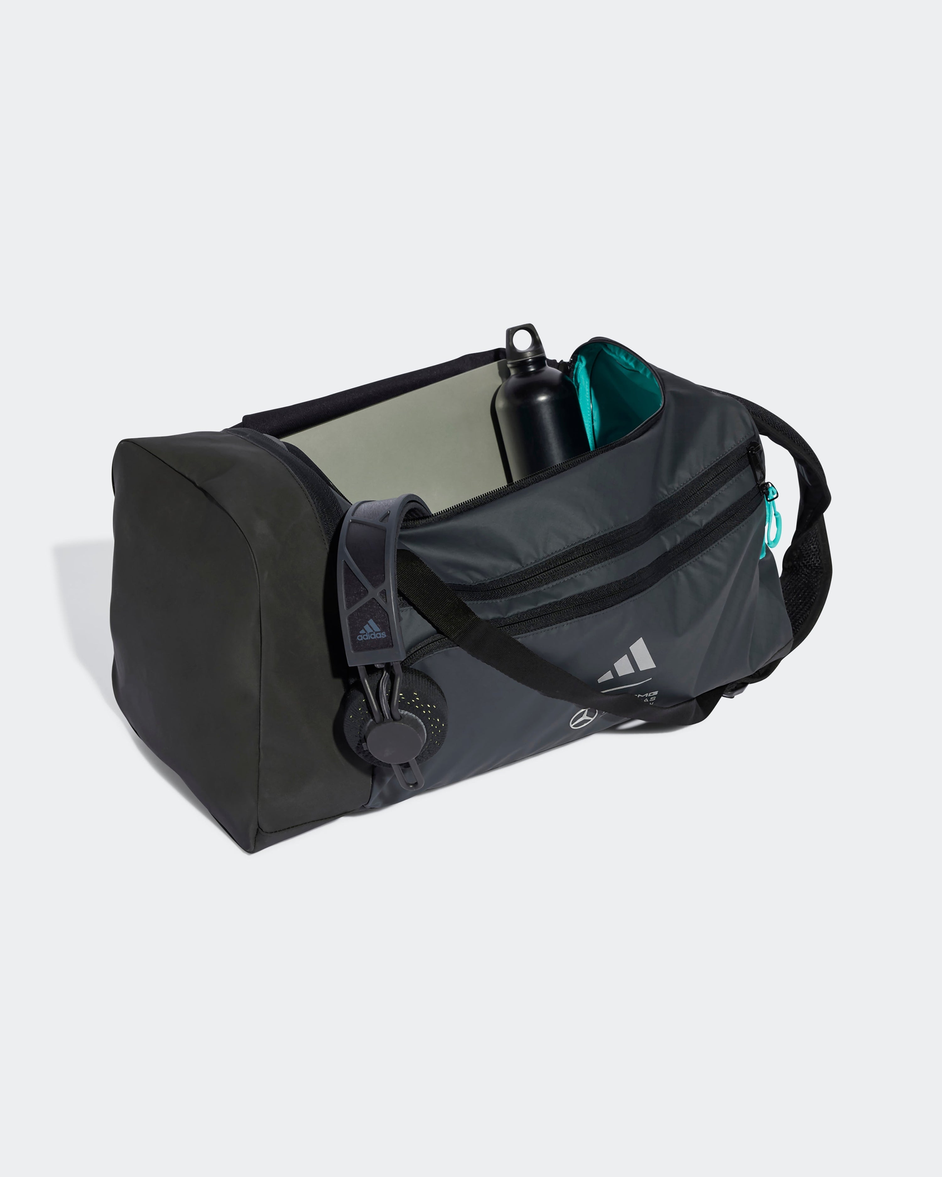 Hybrid Duffel Bag Black — close-up design detail showing Mercedes-AMG PETRONAS F1 styling and product details | Dash Racegear