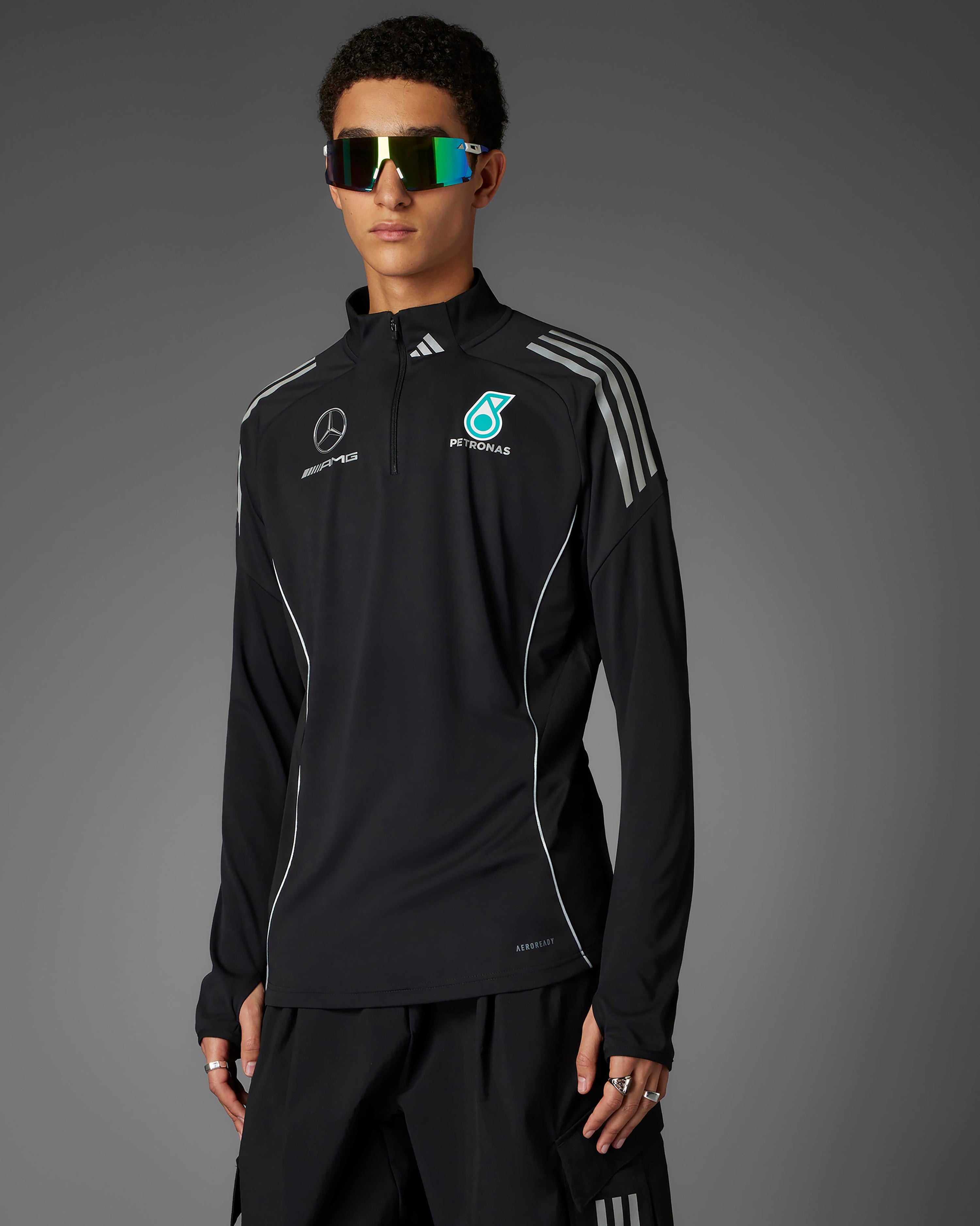 Mens 2025 Mechanics Top Black — primary product view showing Mercedes-AMG PETRONAS F1 styling and product details | Dash Racegear
