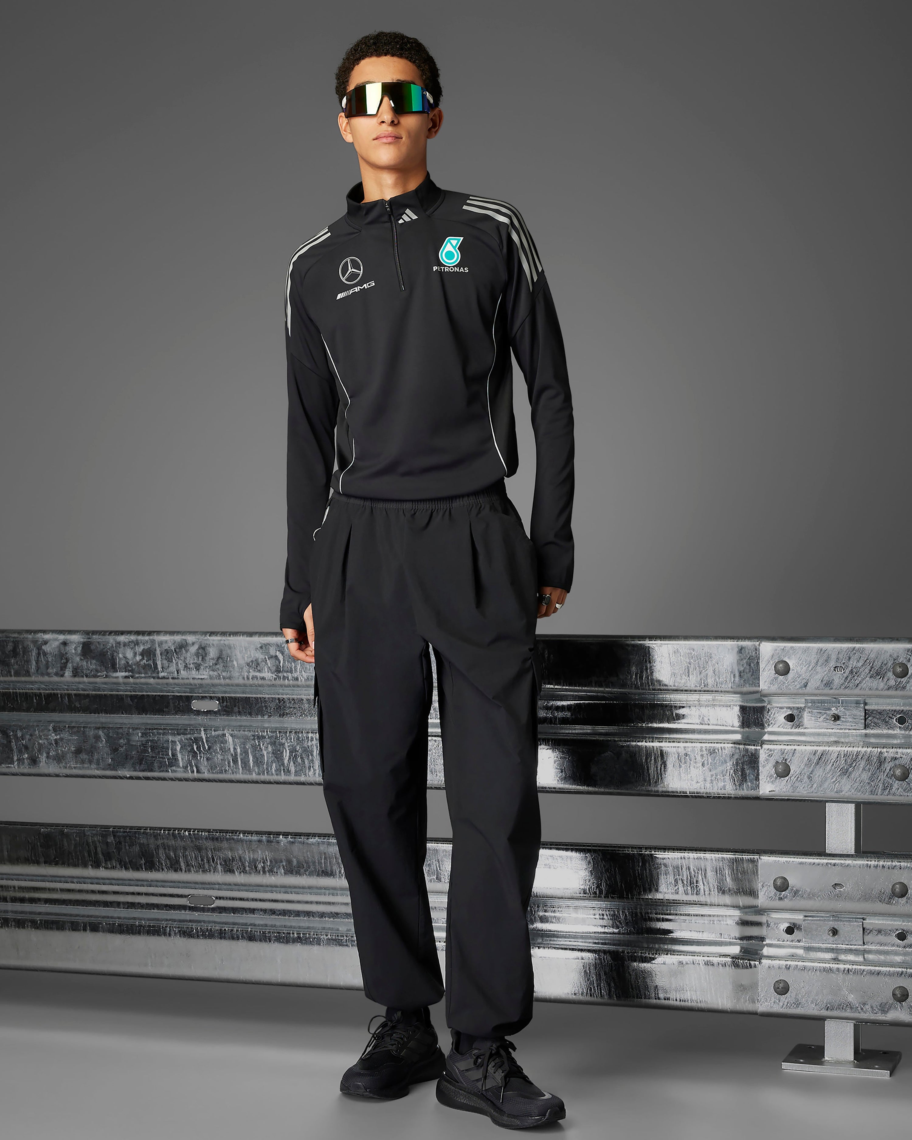 Mens 2025 Mechanics Top Black — alternate product angle showing Mercedes-AMG PETRONAS F1 styling and product details | Dash Racegear