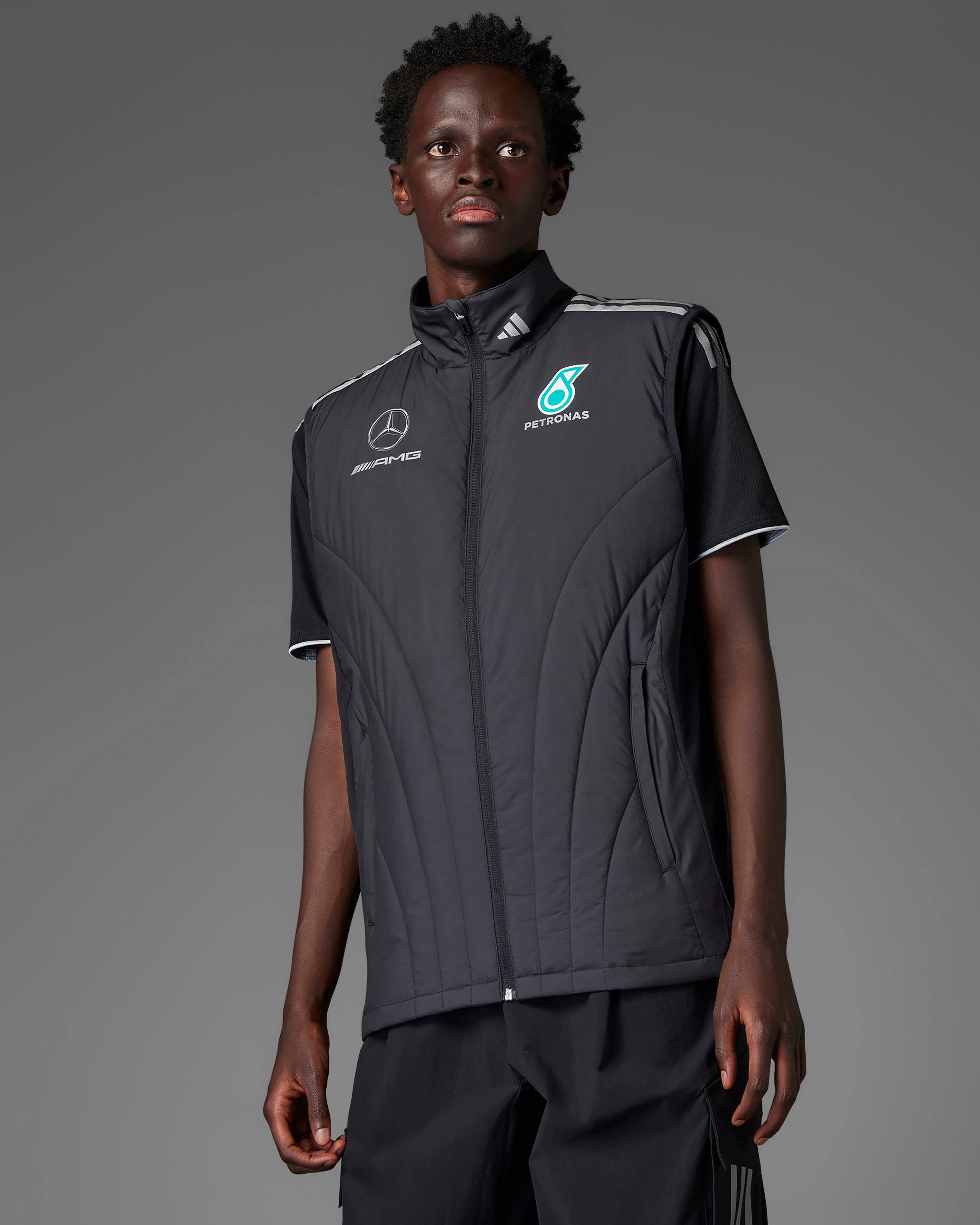Mens 2025 Mechanics Vest Black — primary product view showing Mercedes-AMG PETRONAS F1 styling and product details | Dash Racegear